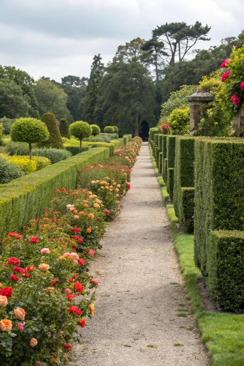 Geometric cube topiary adding a modern touch to a garden path.