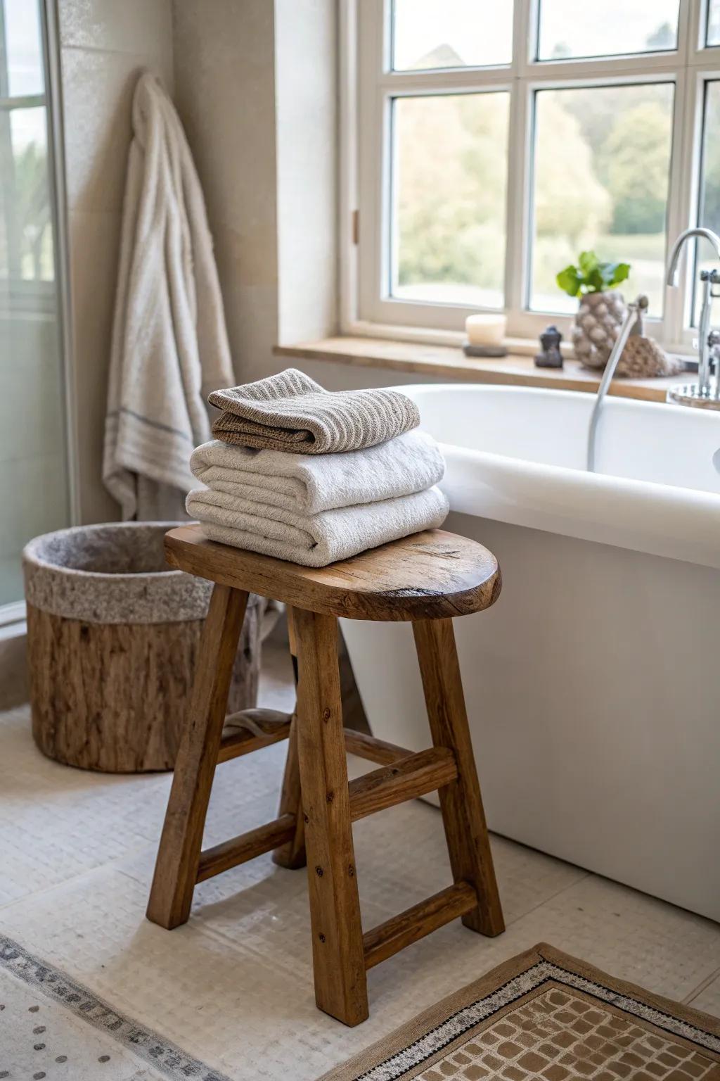 A rustic stool brings a natural touch to towel storage.