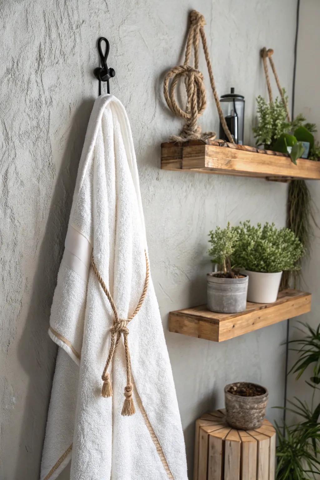 Embrace rustic elegance: Transform your bathroom with natural twine towel ties.