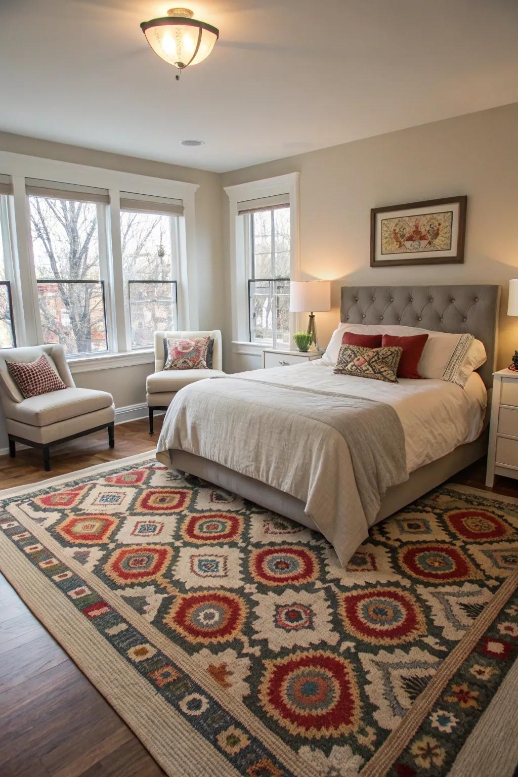 A statement rug adds color and anchors the space in this townhouse bedroom.