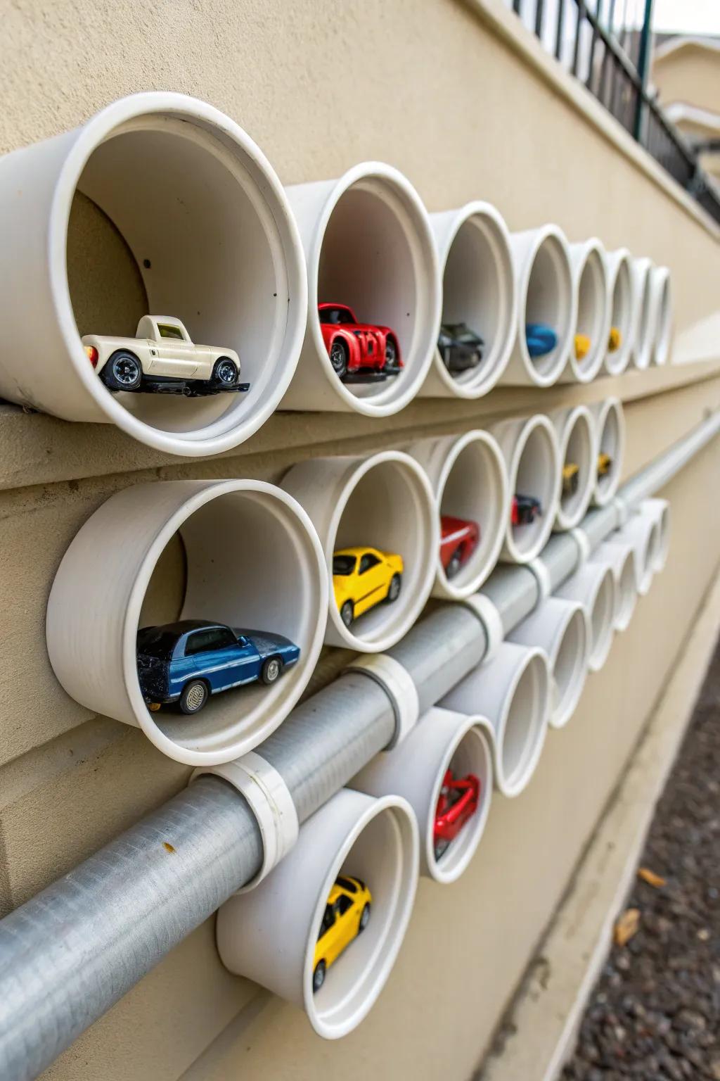 PVC pipes used as individual slots for toy cars.