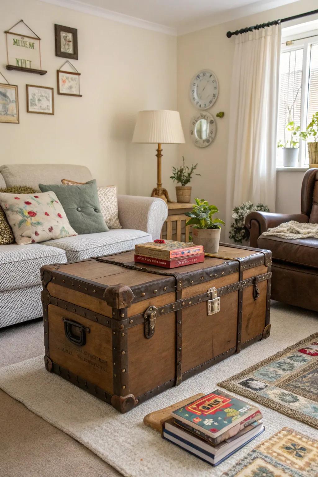 A vintage trunk serves as a charming coffee table and toy storage.