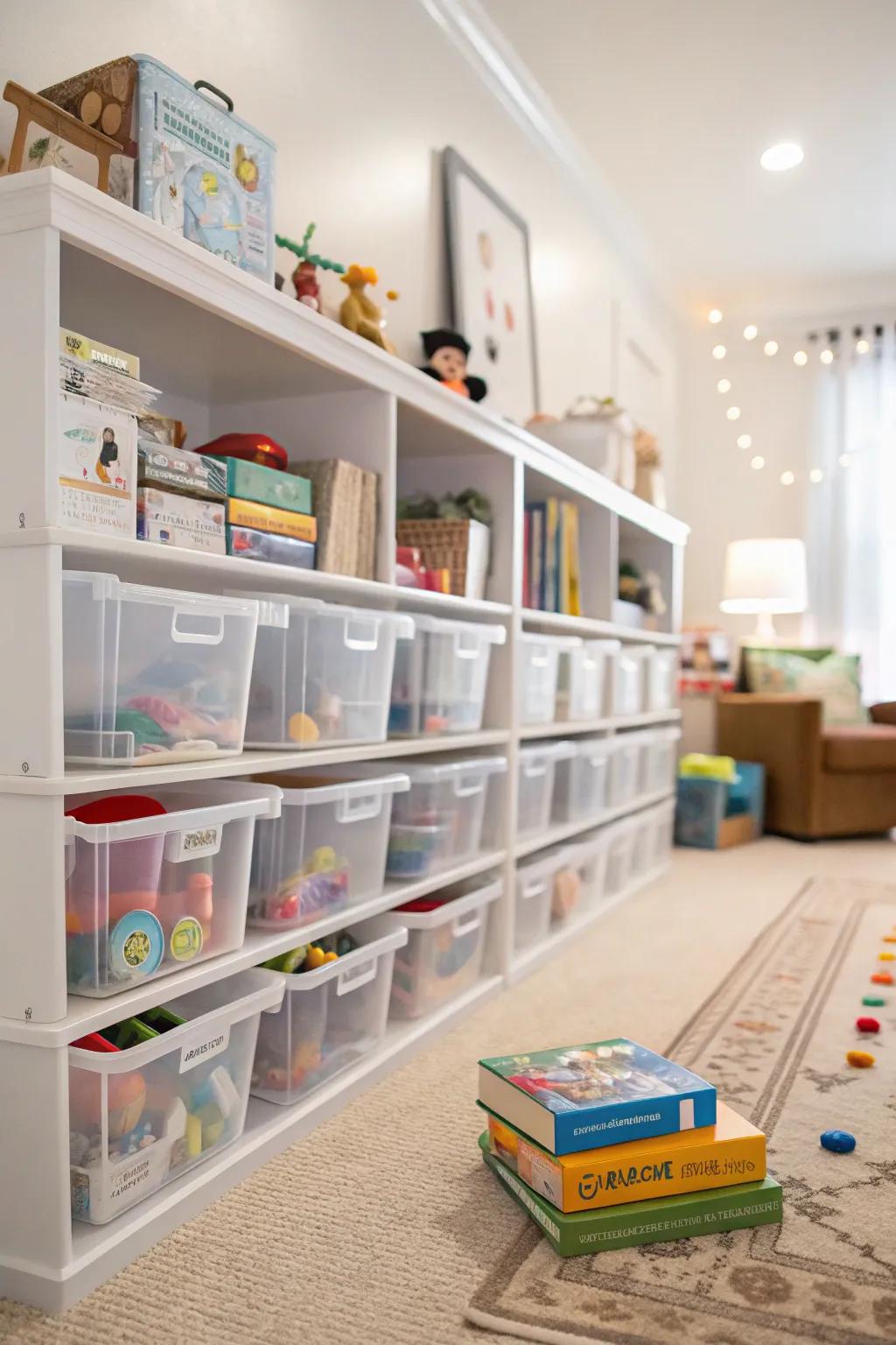 Clear plastic bins for easy toy organization and visibility.