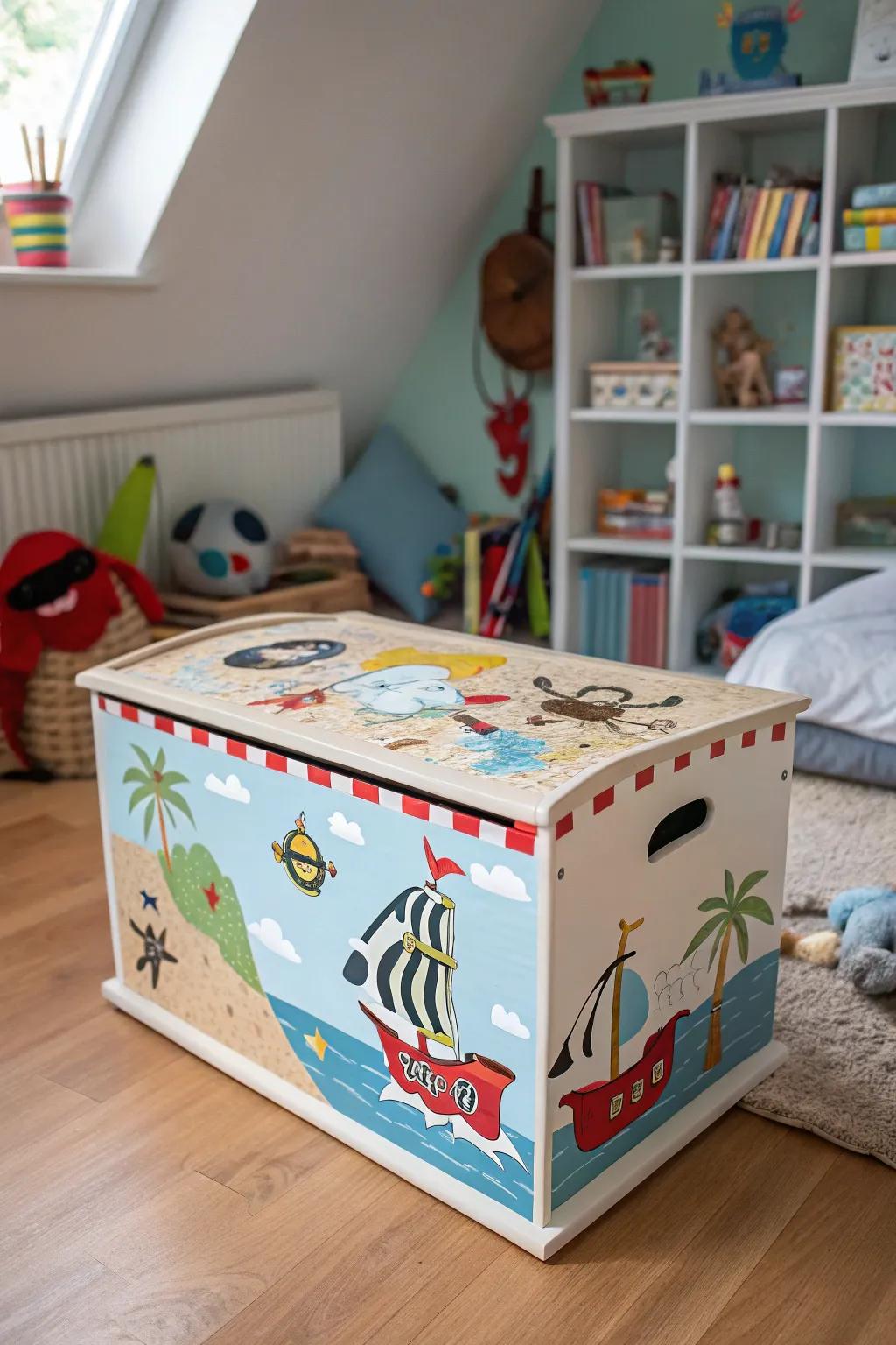 A pirate's treasure chest toy box adds a whimsical touch to any child's room.