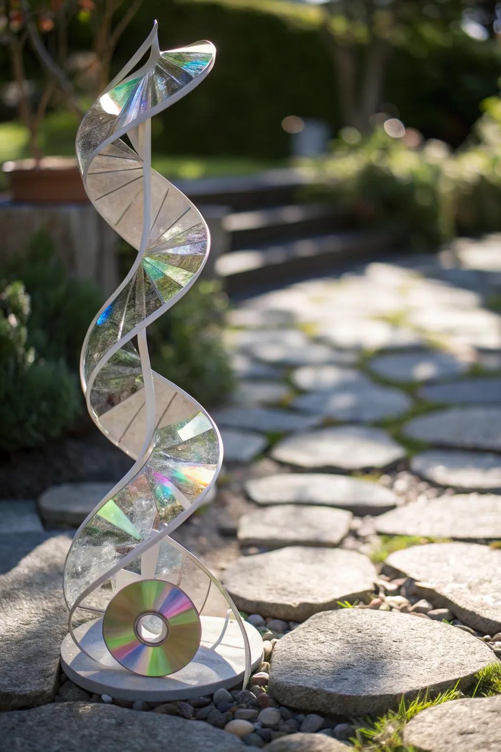 Transforming trash into treasure with a touch of artistic elegance: a recycled sculpture that sparkles in the sunlight.