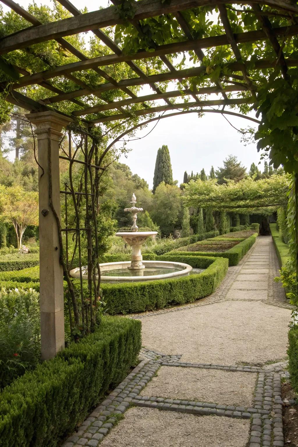 A trellis arbor frames a picturesque garden view.