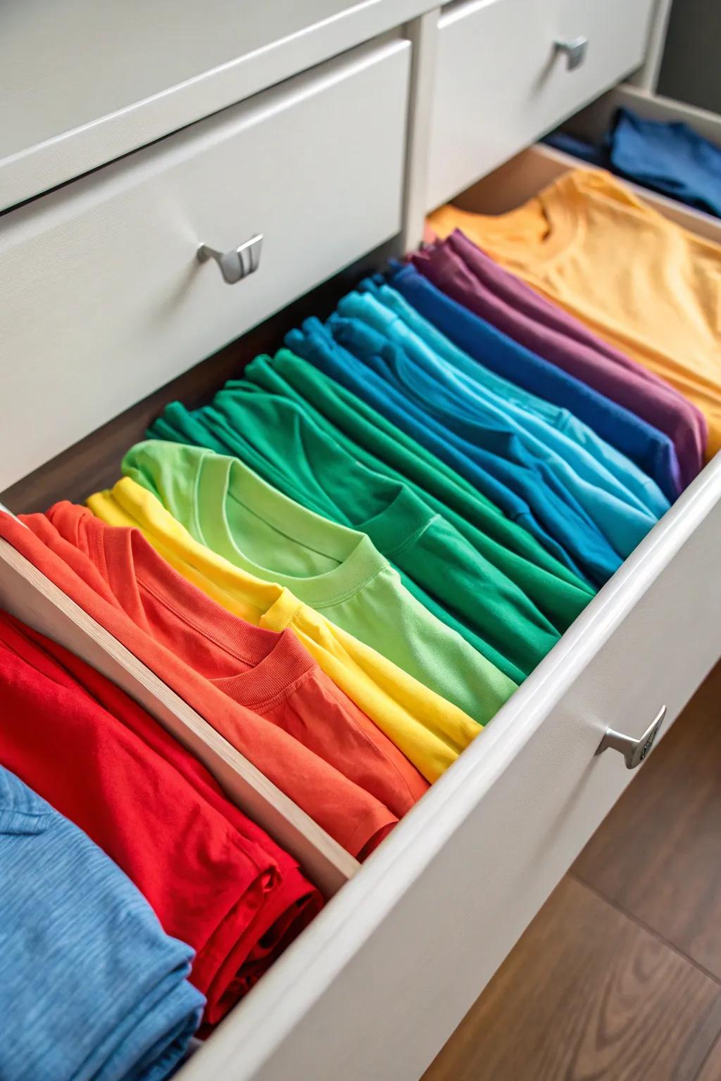 Color-coded t-shirts neatly arranged in a drawer.