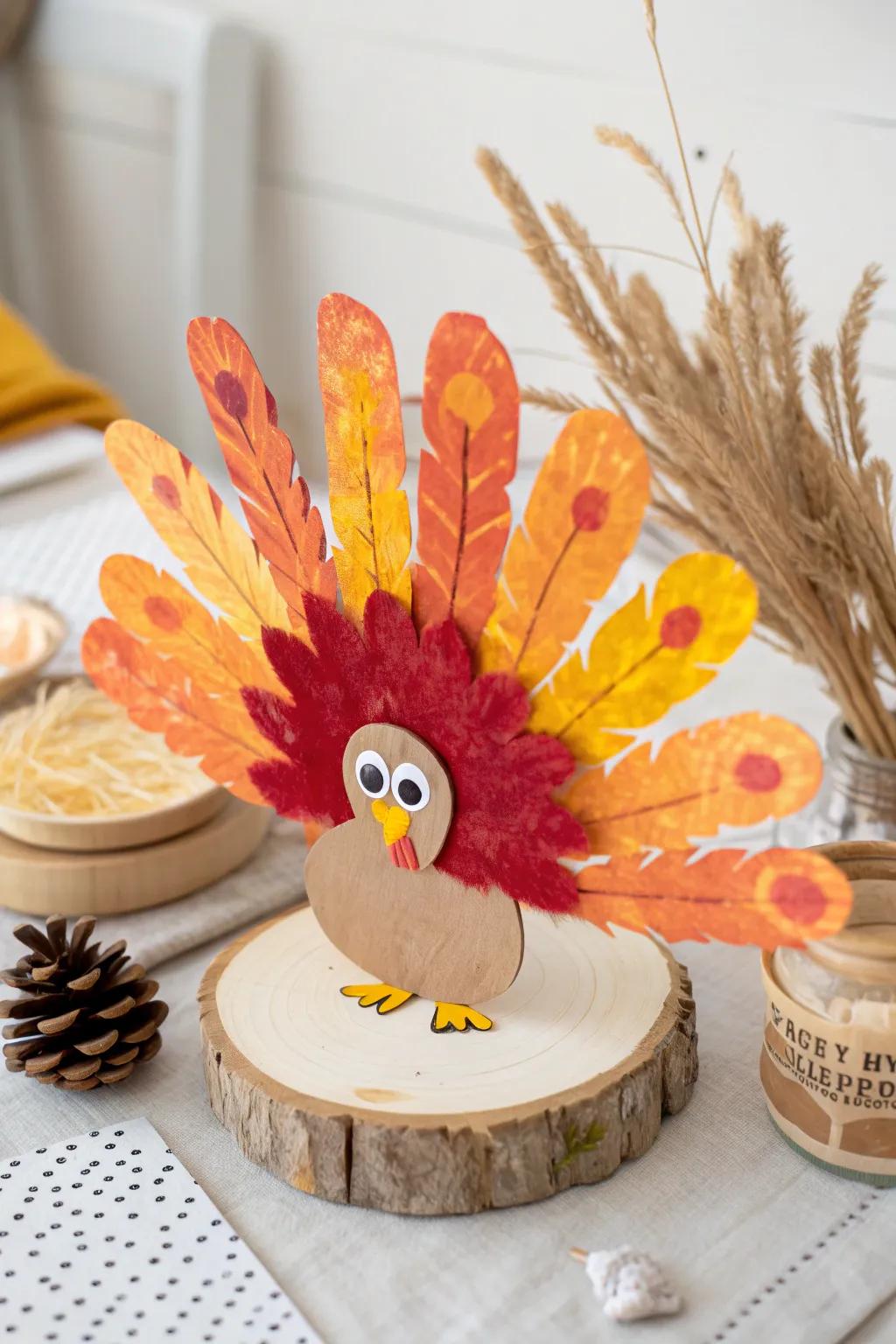 Add a whimsical touch to your table with a charming handprint turkey centerpiece, perfect for family gatherings and festive cheer!