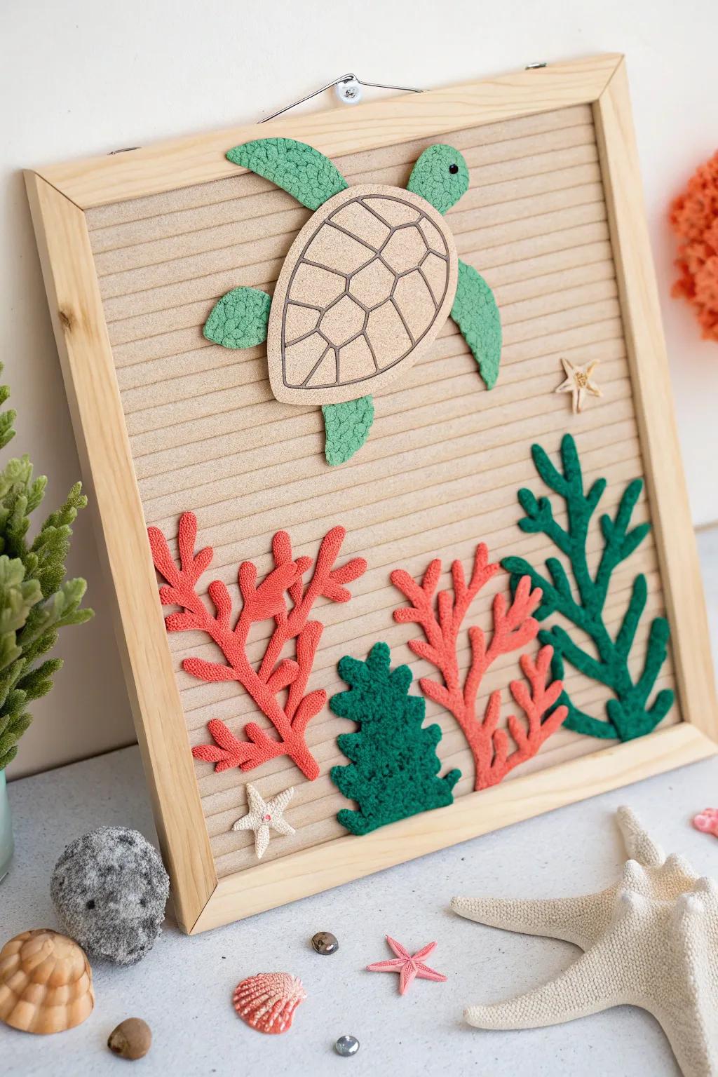 Bring the serene beauty of the ocean to your space with this charming turtle bulletin board, adorned with vibrant seaweed and coral accents.