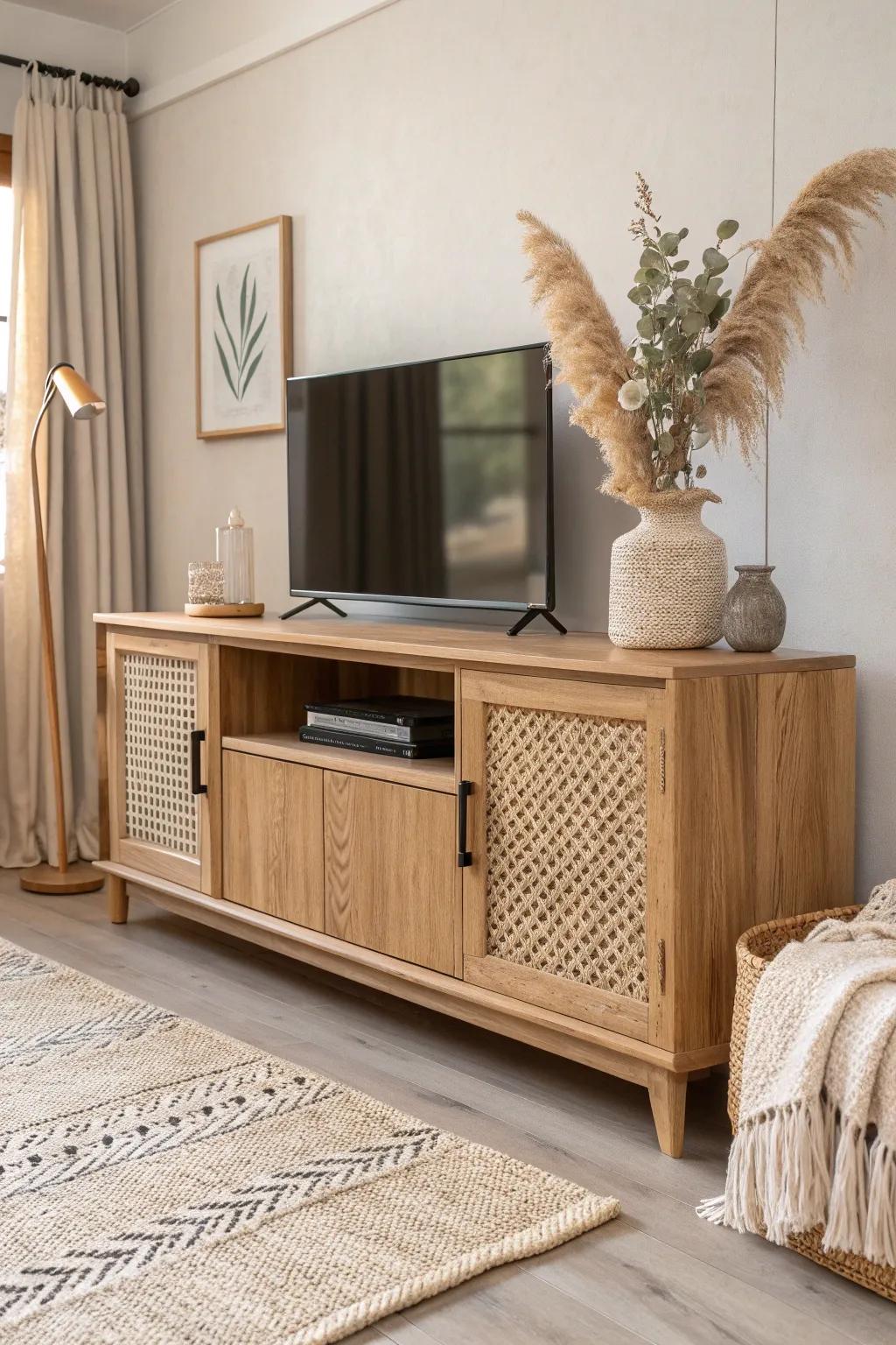 Elevate your living room with a custom TV riser that blends Scandinavian simplicity with a touch of boho elegance. #HomeDesign #ScandiBoho