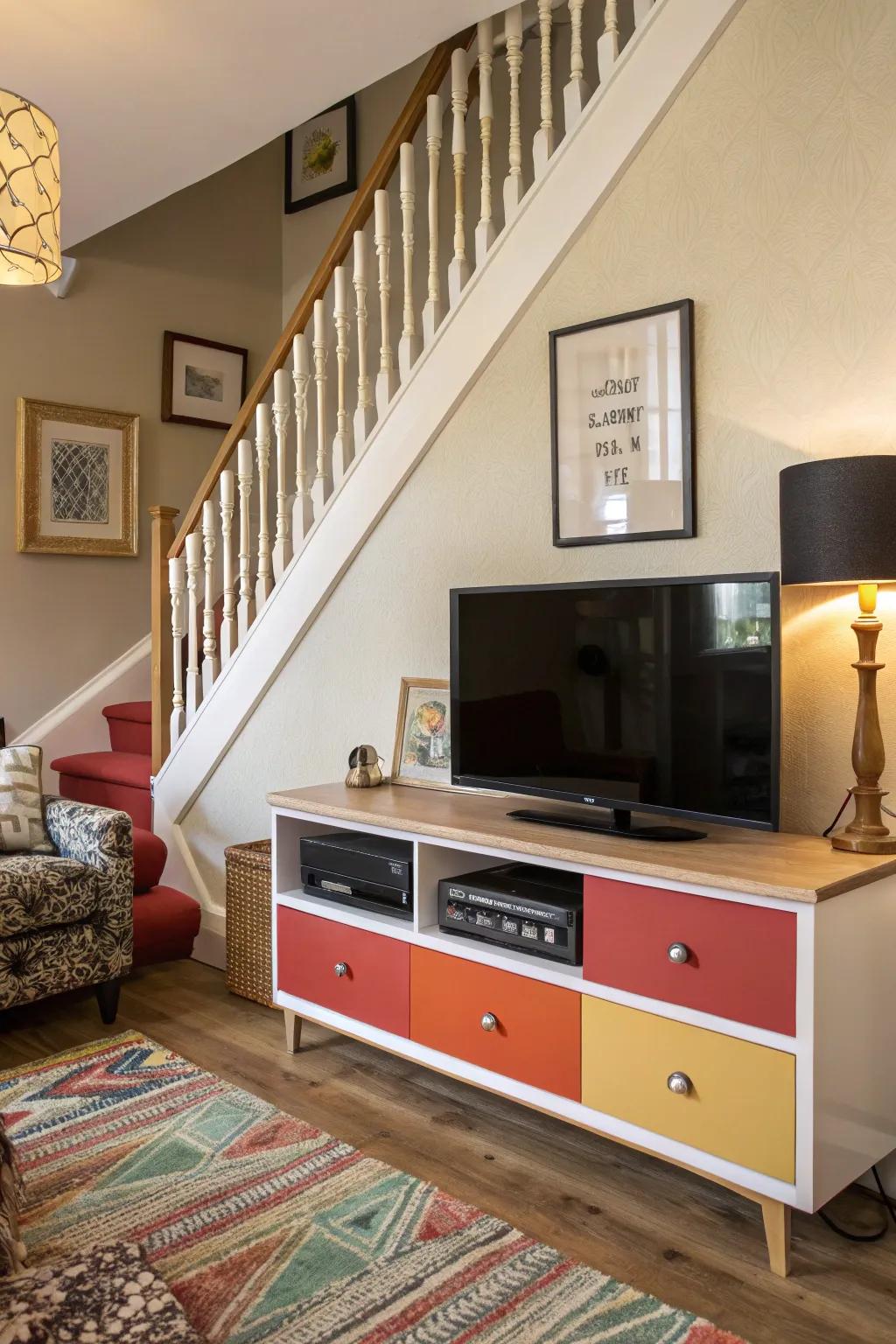 A vibrant living room with a color-blocked TV unit under the stairs.