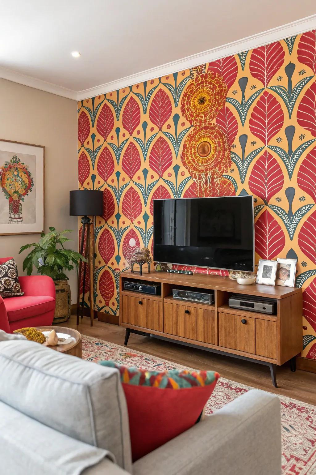 Patterned wallpaper can make your TV wall stand out beautifully.