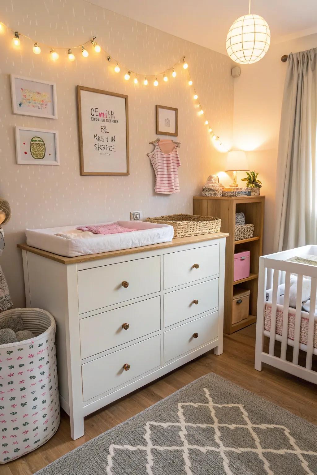 Dual-purpose furniture for efficient nursery design.