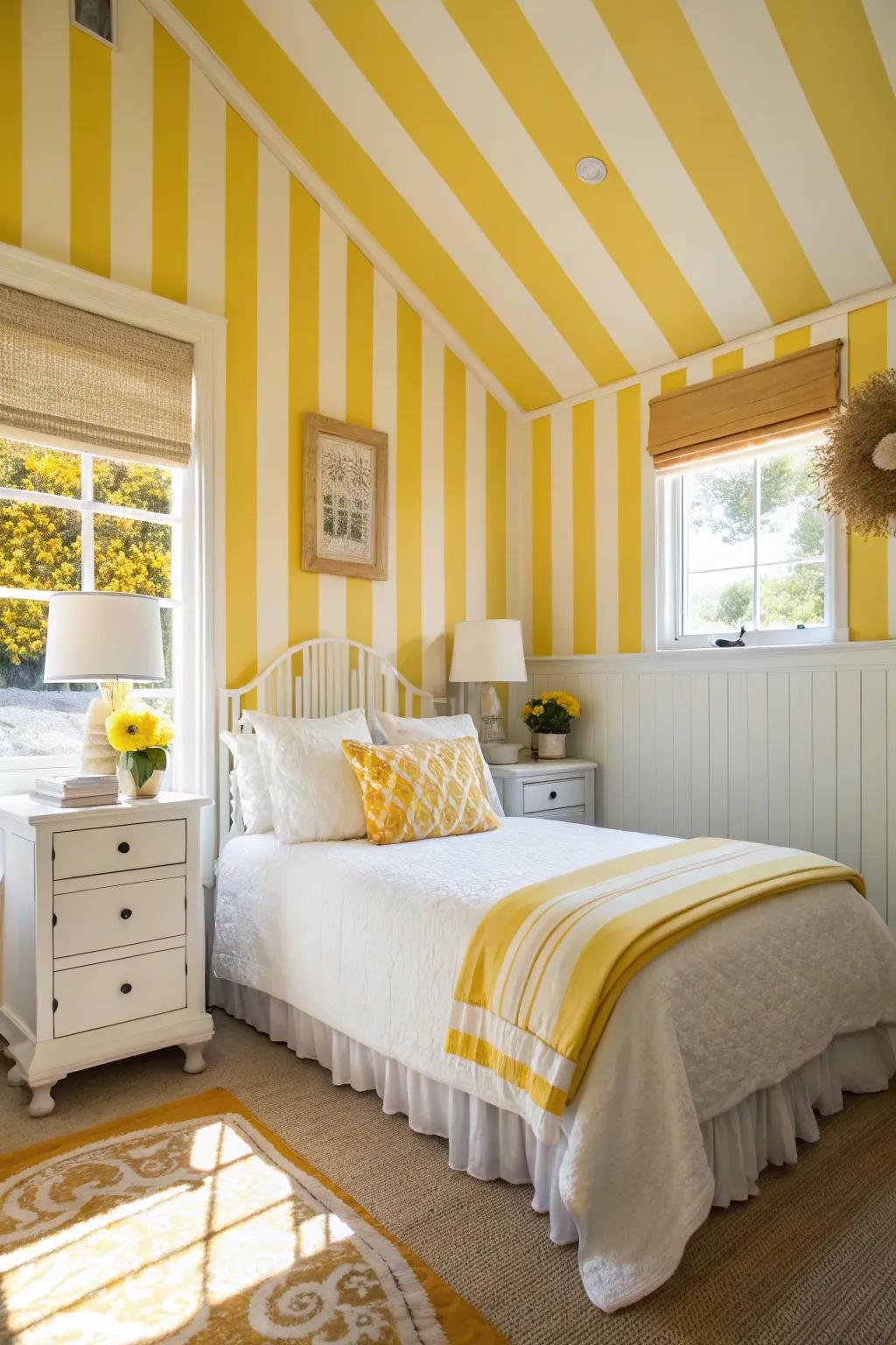 A sunny and cheerful two-tone bedroom in yellow and white.