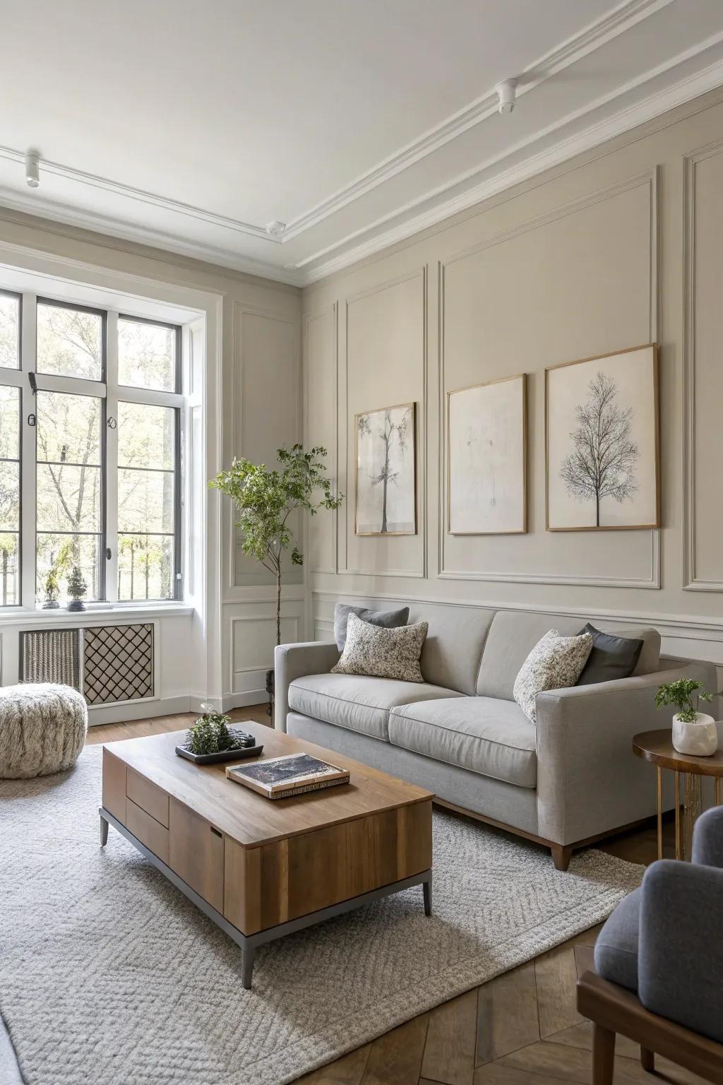 A chic living room with neutral and elegant two-tone walls.