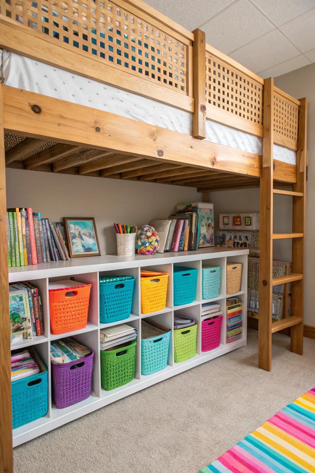 Maximize storage space with smart organization under a loft bed.