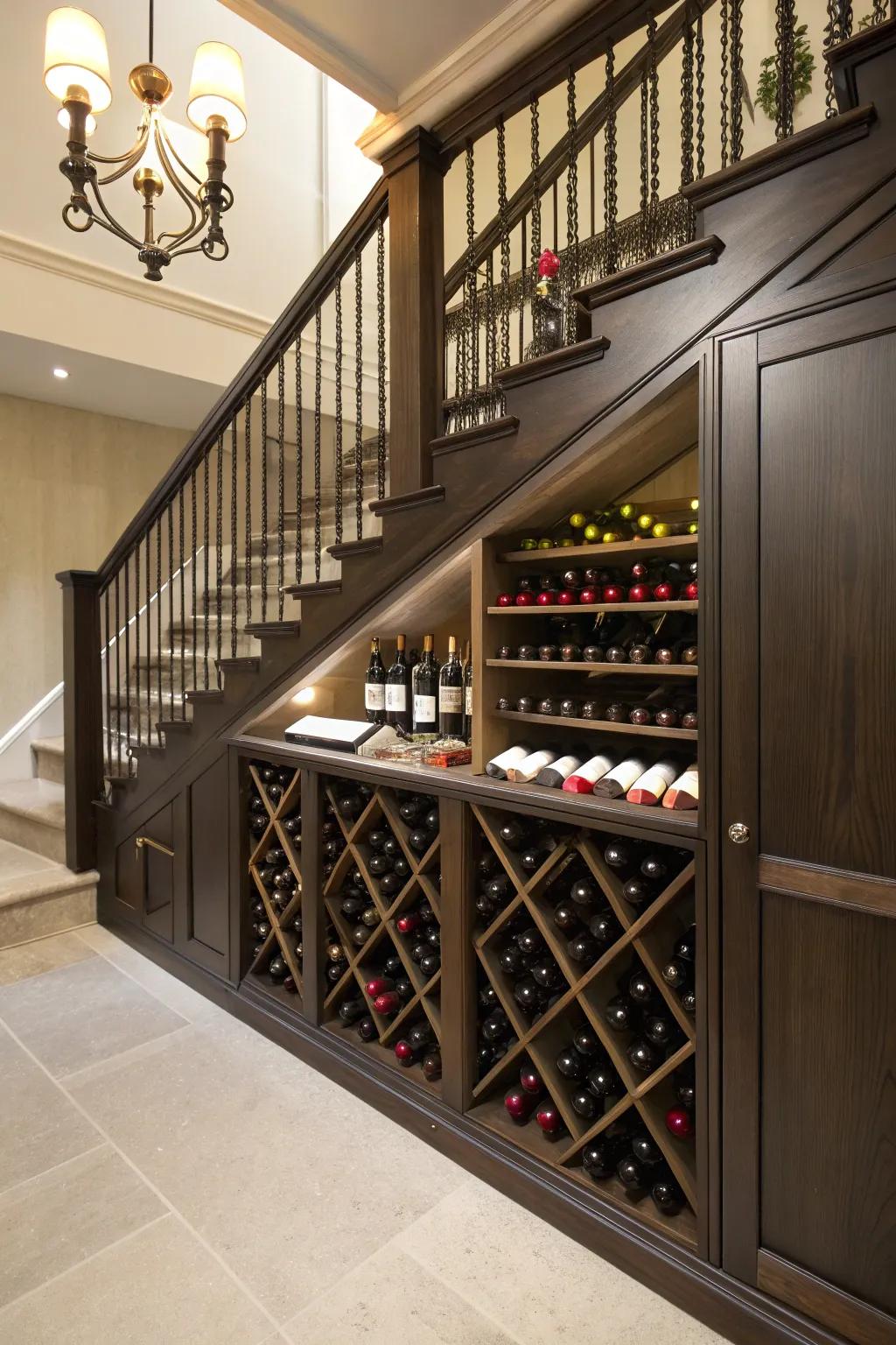 A chic wine storage area that makes a statement under the stairs.