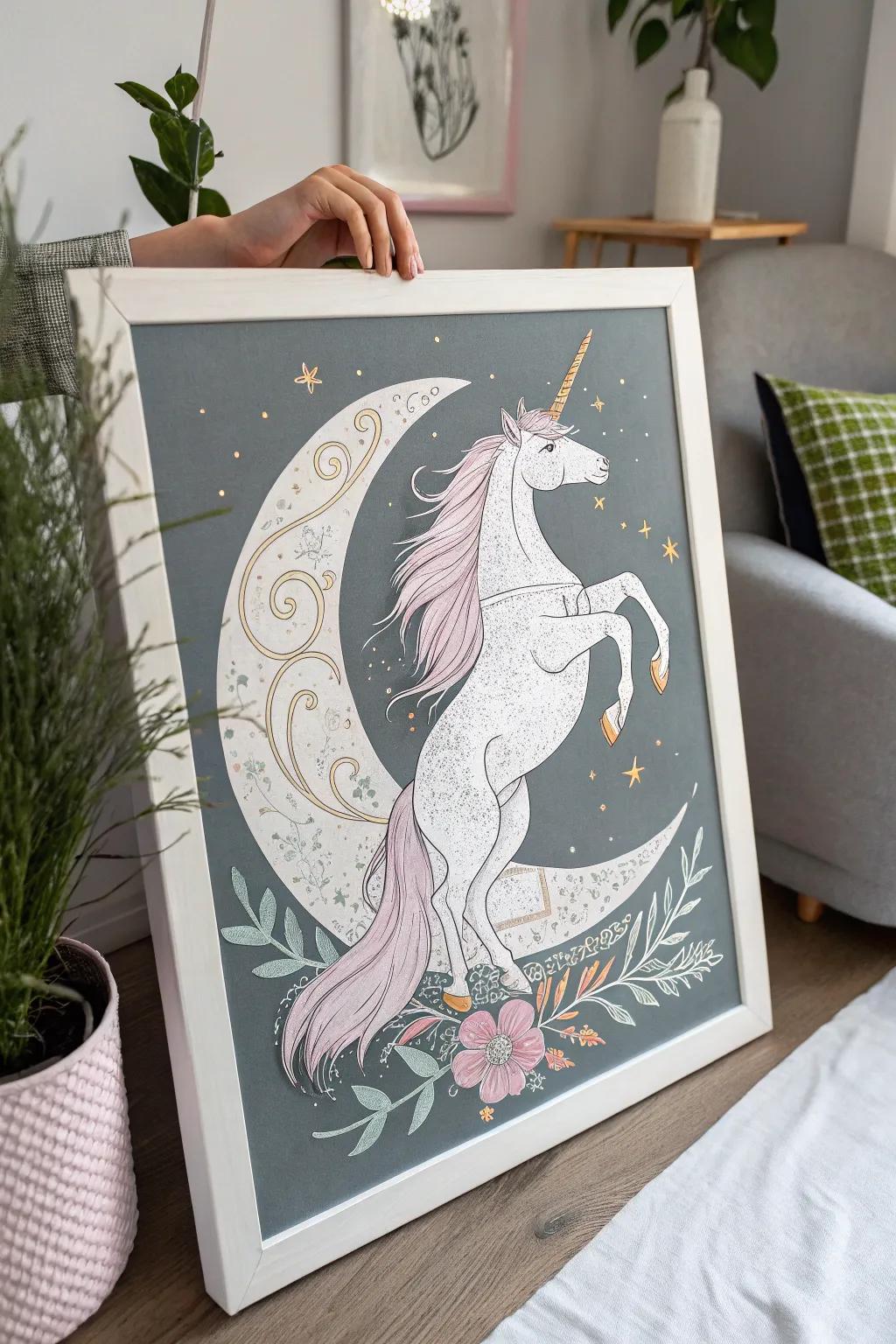 Embrace the magic of simplicity with a unicorn on a moonlit journey.