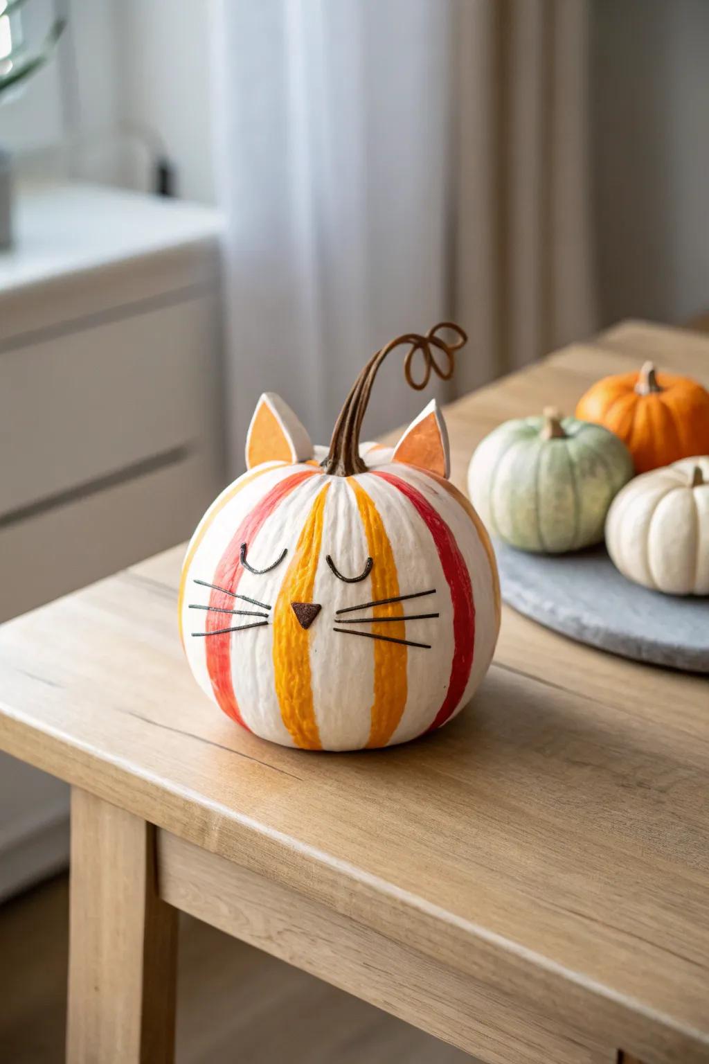 Transform your pumpkin into a playful feline masterpiece with minimalist charm.