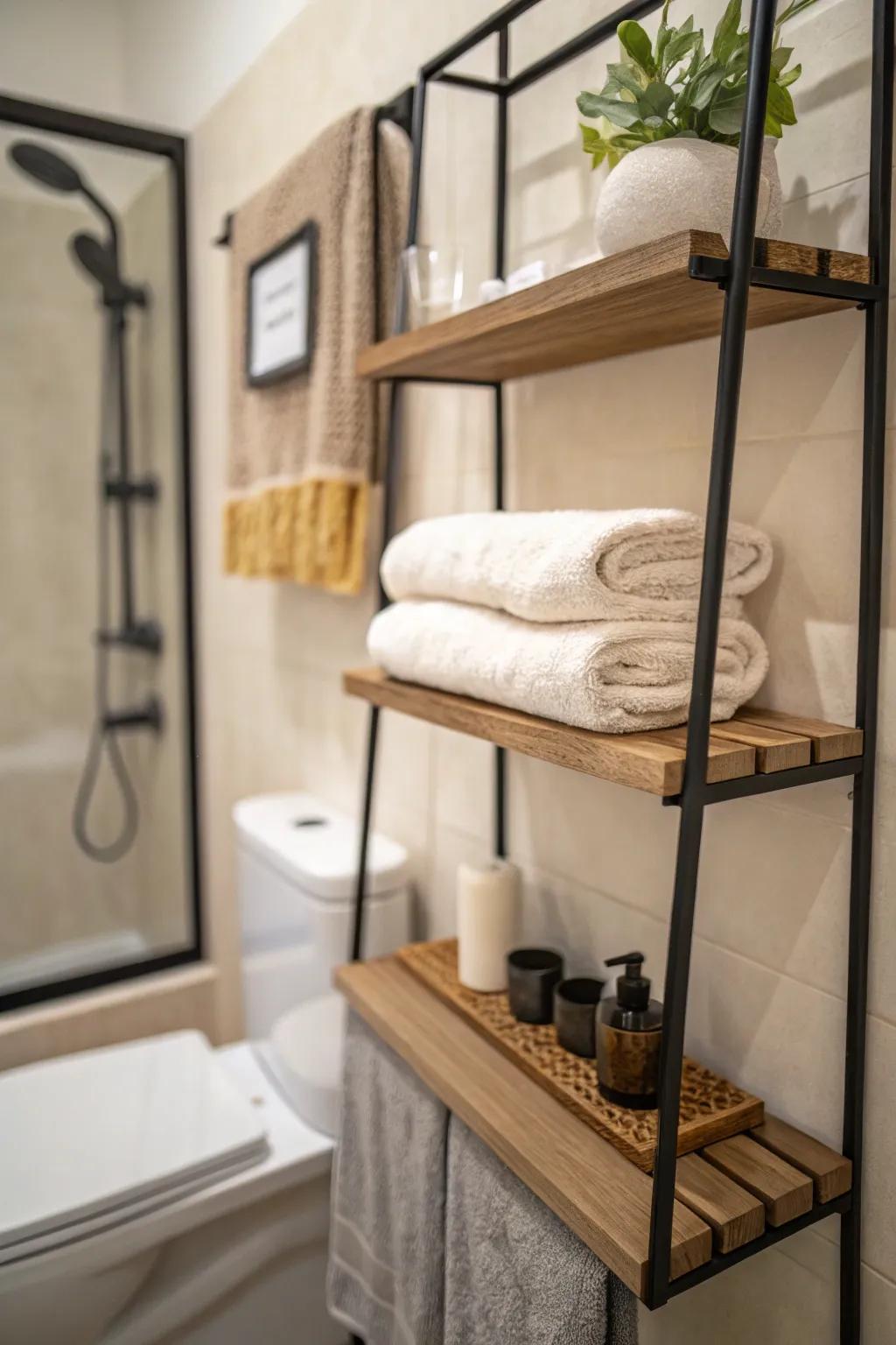 Maximize small spaces with a floating shelf towel rack.