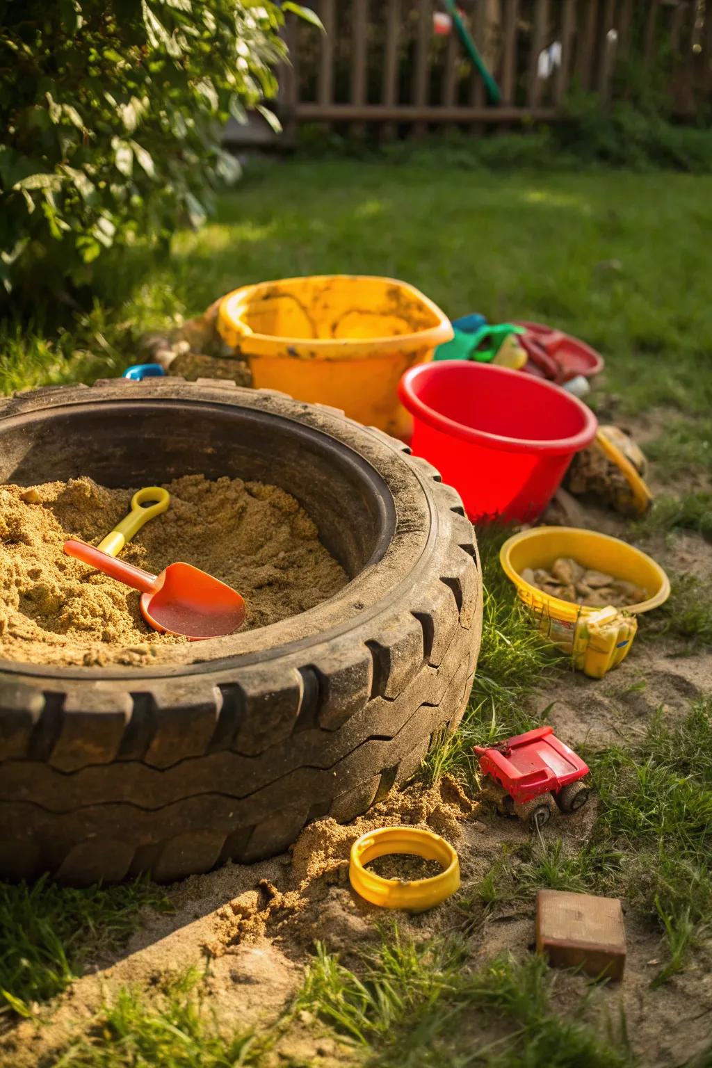 Turn an old tire into a backyard adventure with this simple DIY sandpit idea!