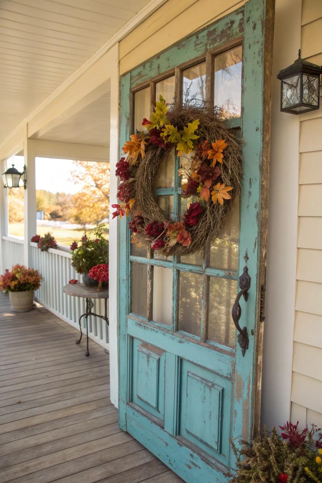 Elevate your porch decor with this creative upcycled door wreath display, perfect for showcasing seasonal charm.