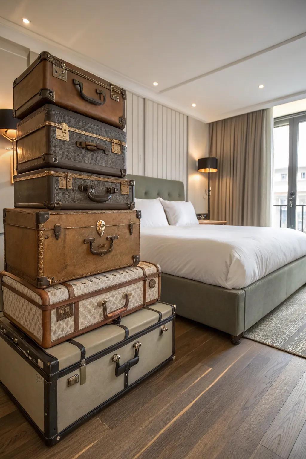 Vintage suitcases offer both storage and style.