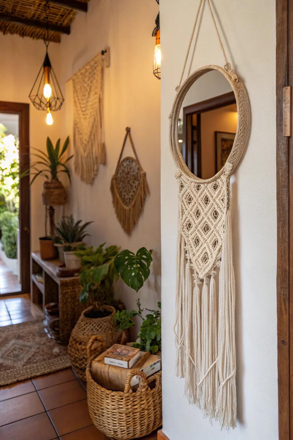 Macrame hangers add a bohemian touch to round mirrors.