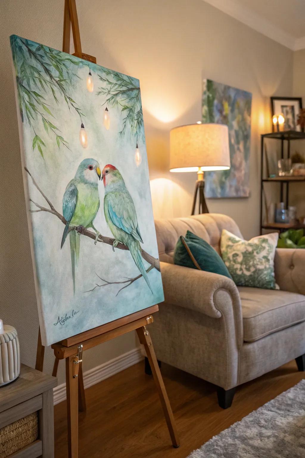 Celebrate companionship with lovebirds on canvas.