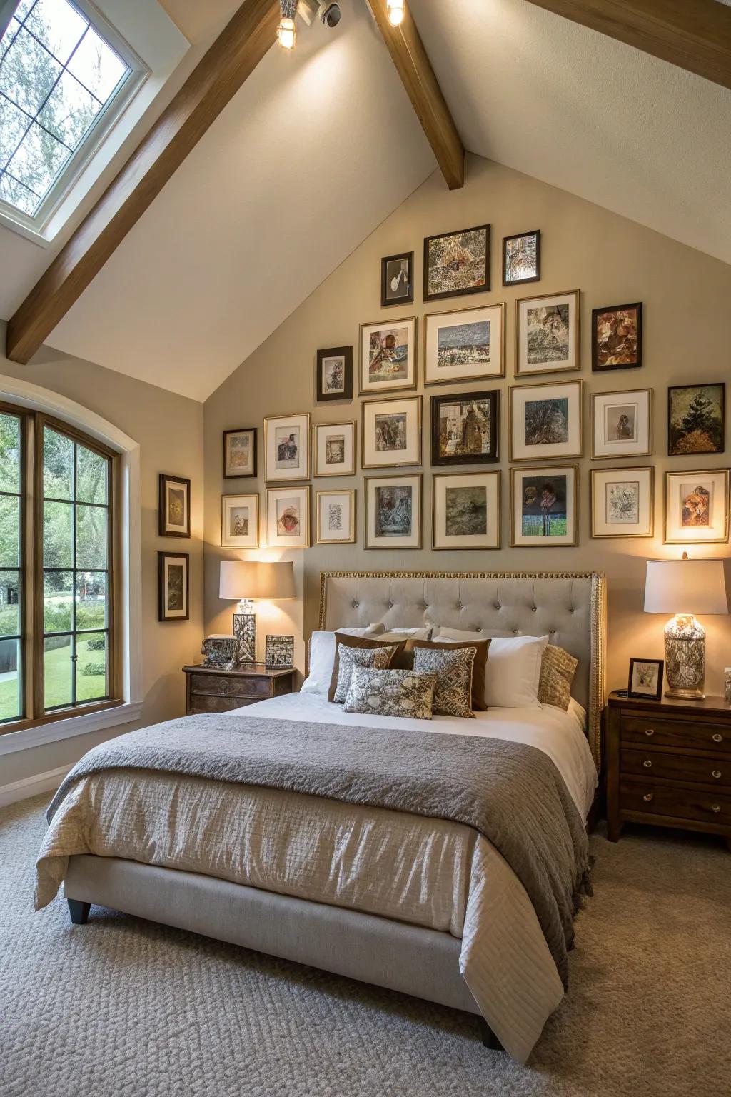 A gallery wall can add personality and fill vertical space in a bedroom.