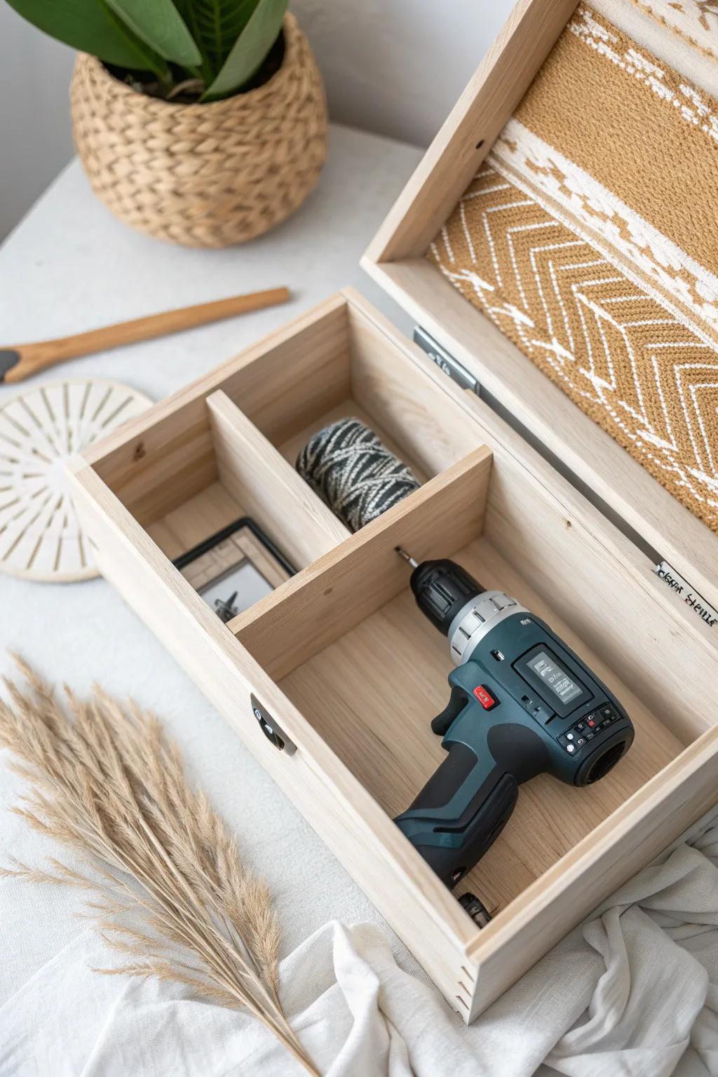 Discover the elegance of organized power tools with a minimalist touch. #ScandiBoho