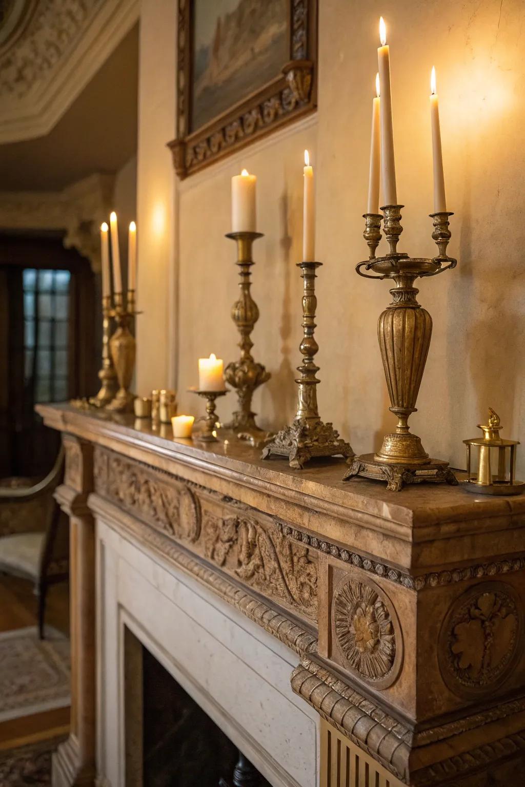 Vintage brass candlesticks illuminate this mantel with a warm glow.