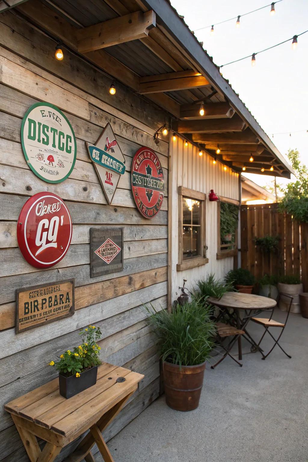 Vintage signs add personality and nostalgia to this rustic patio wall.