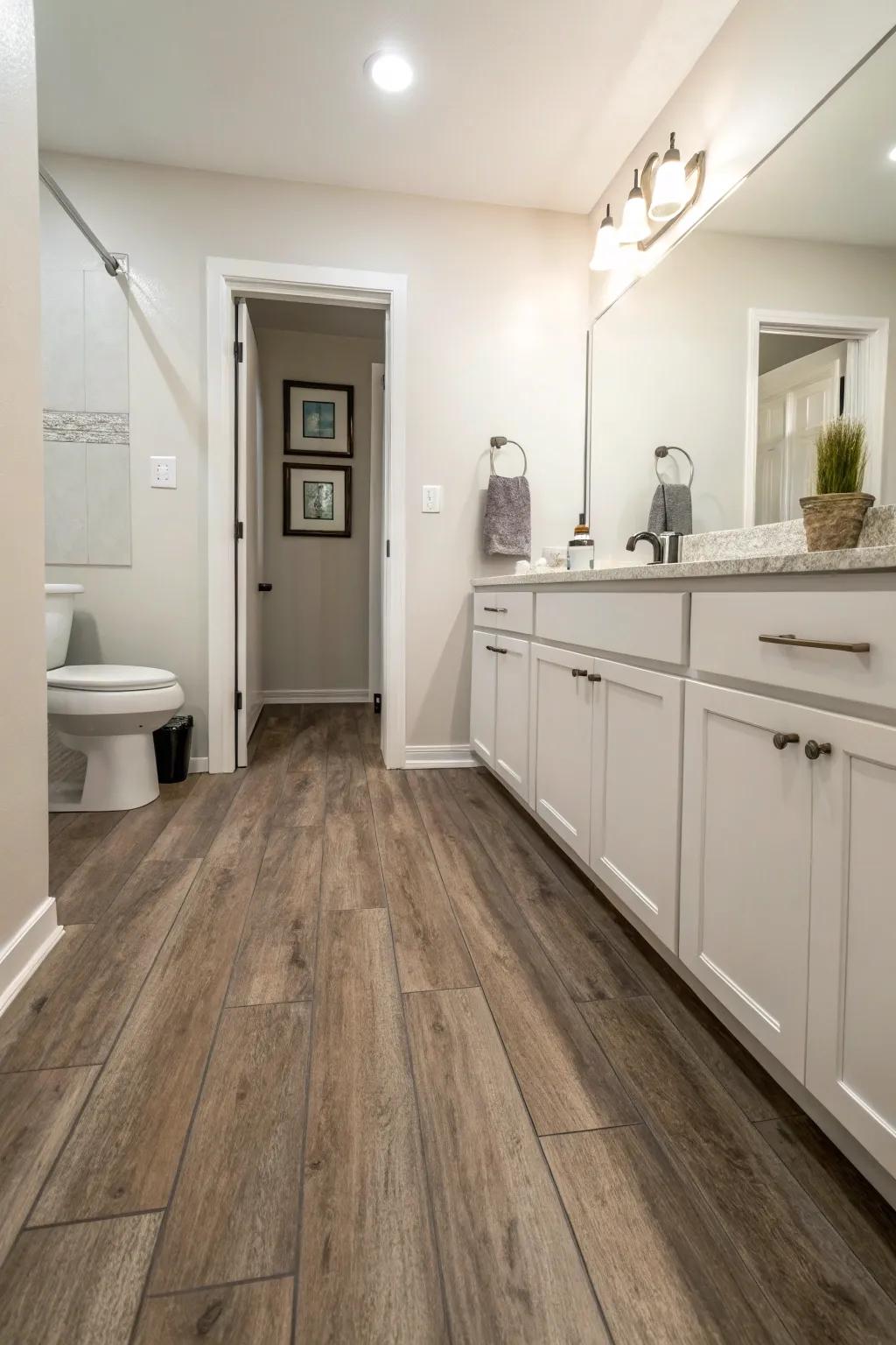 Solid color vinyl flooring gives a modern minimalist touch.