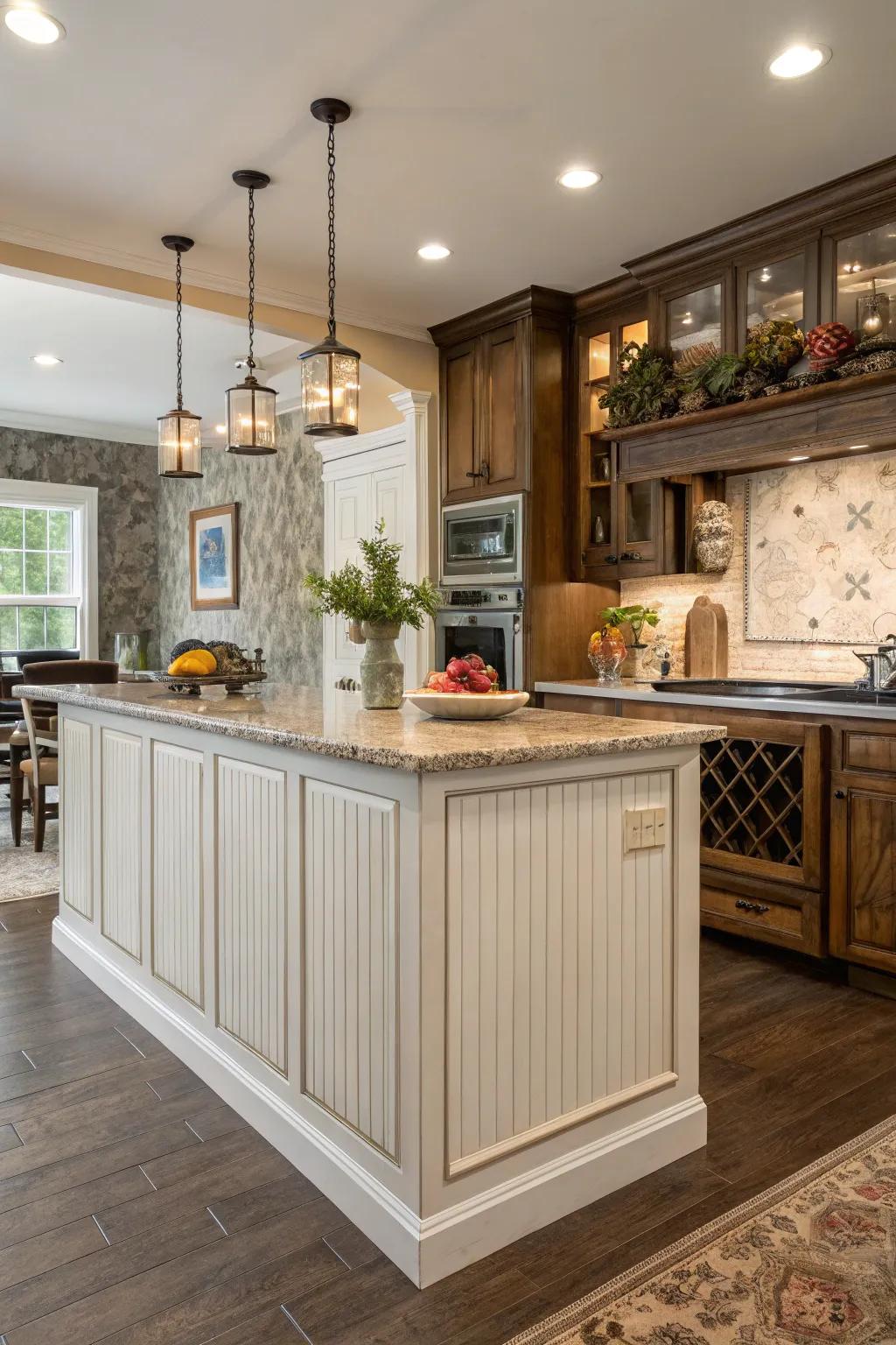 A mix of materials brings a unique flair to this wainscoted kitchen island.