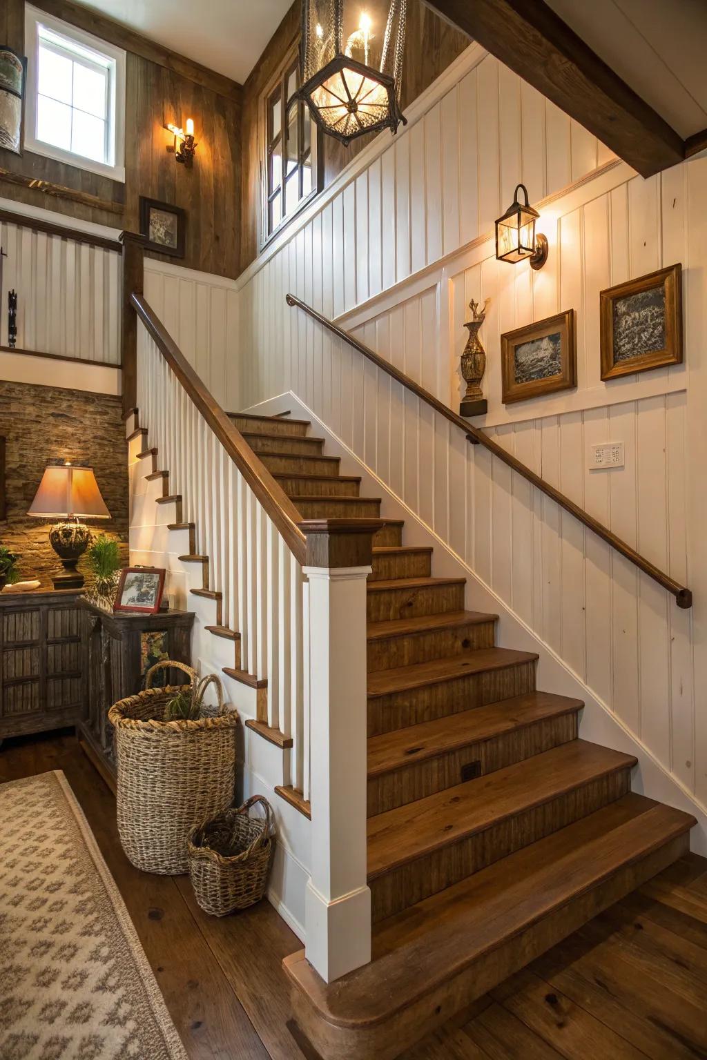 Beadboard wainscoting adds cottage charm to your stairwell.