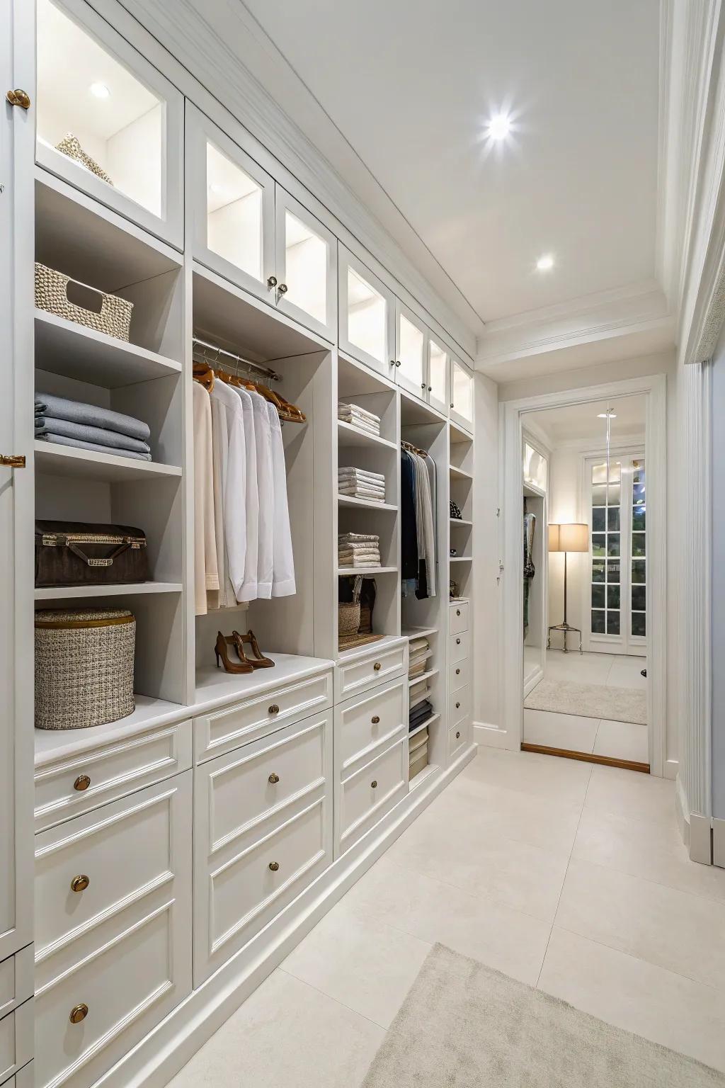 Crisp white creates a fresh and spacious closet environment.