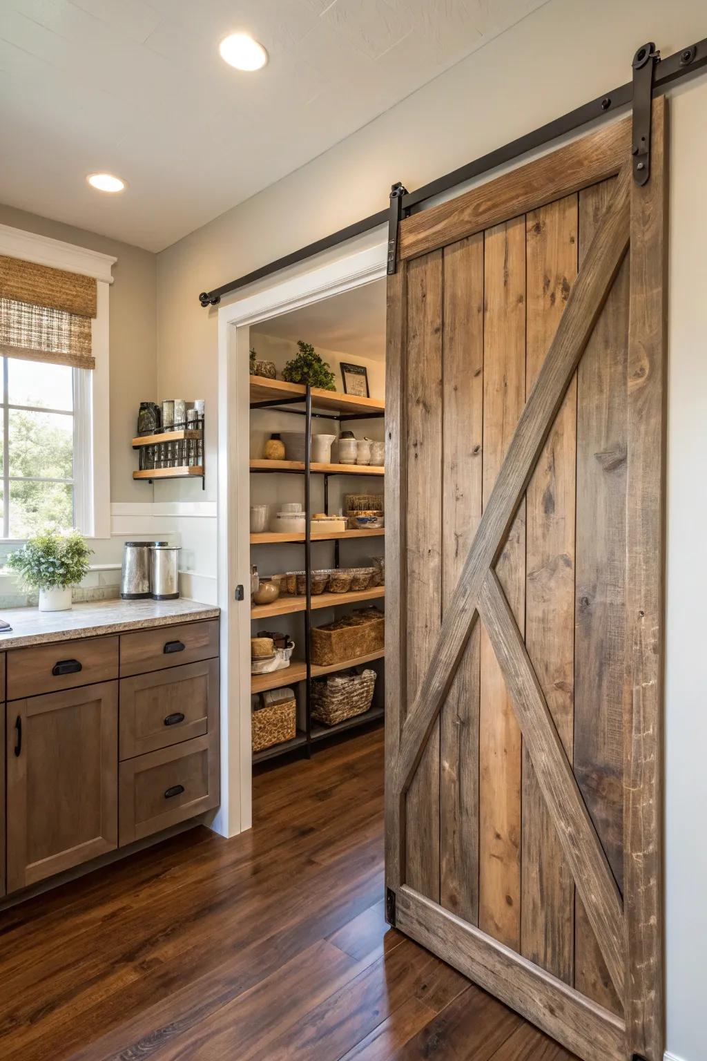 A rustic sliding barn door adding charm to a walk-in pantry.