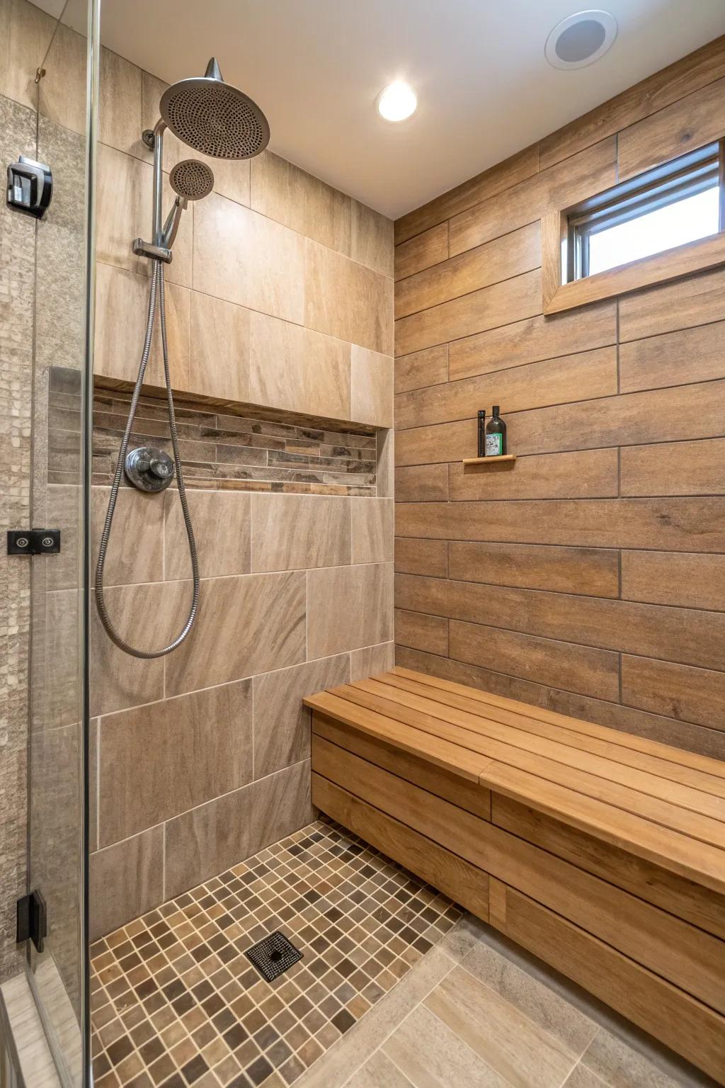 Warm wood-look tiles create a spa-like atmosphere in this shower.