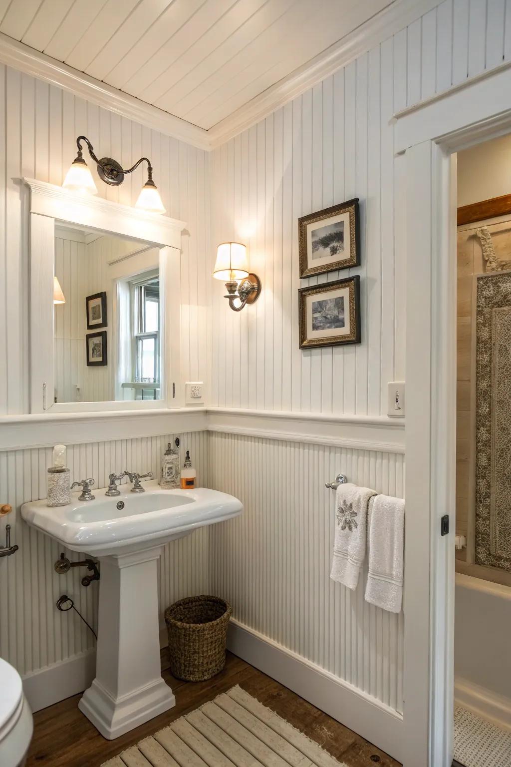 Vintage-style bathroom with vertical beaded-board wall paneling.