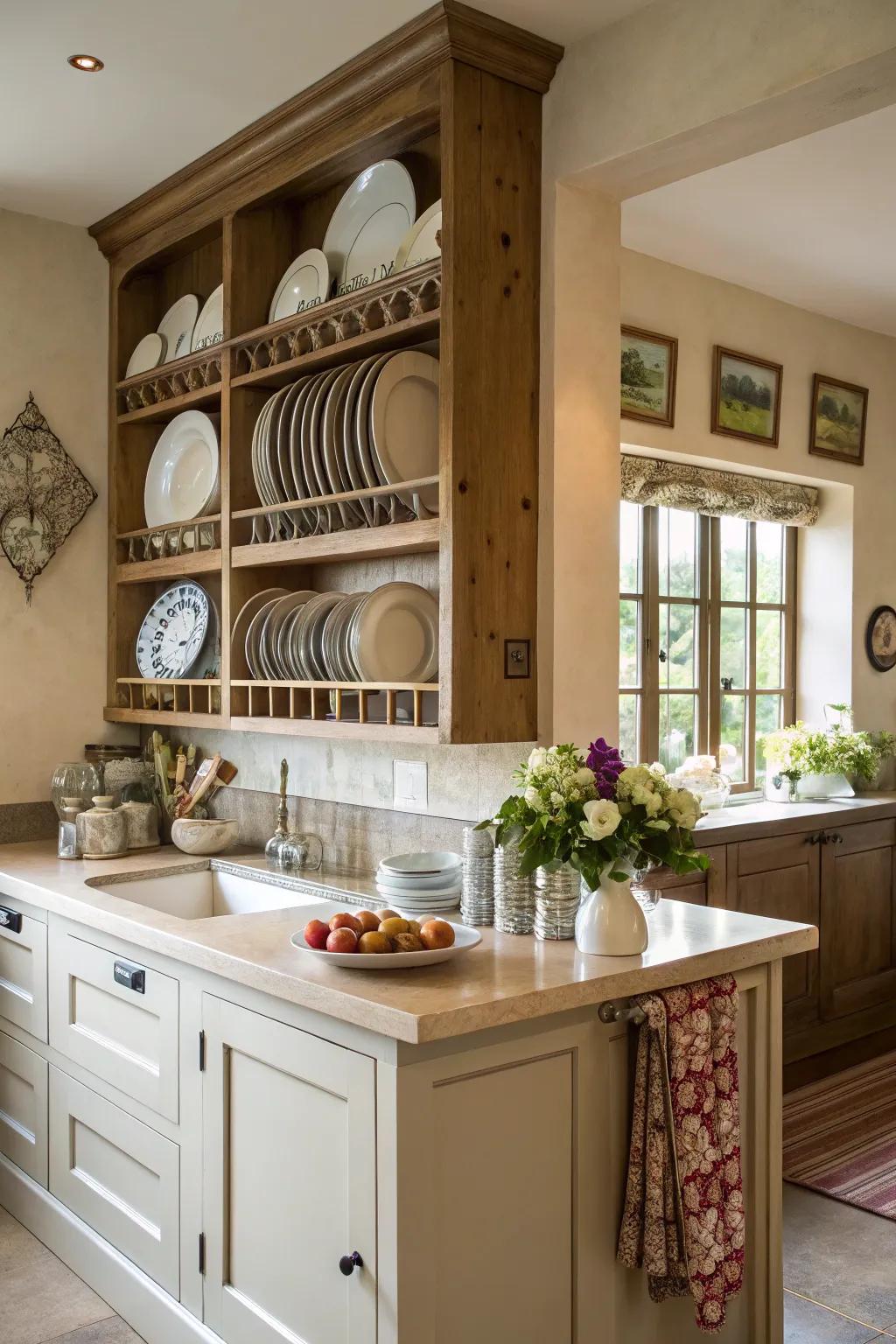 A charming plate rack in an open kitchen setting, ready for everyday use.