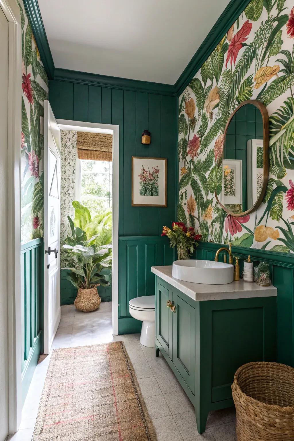 A refreshing bathroom with tropical wallpaper and deep greens.