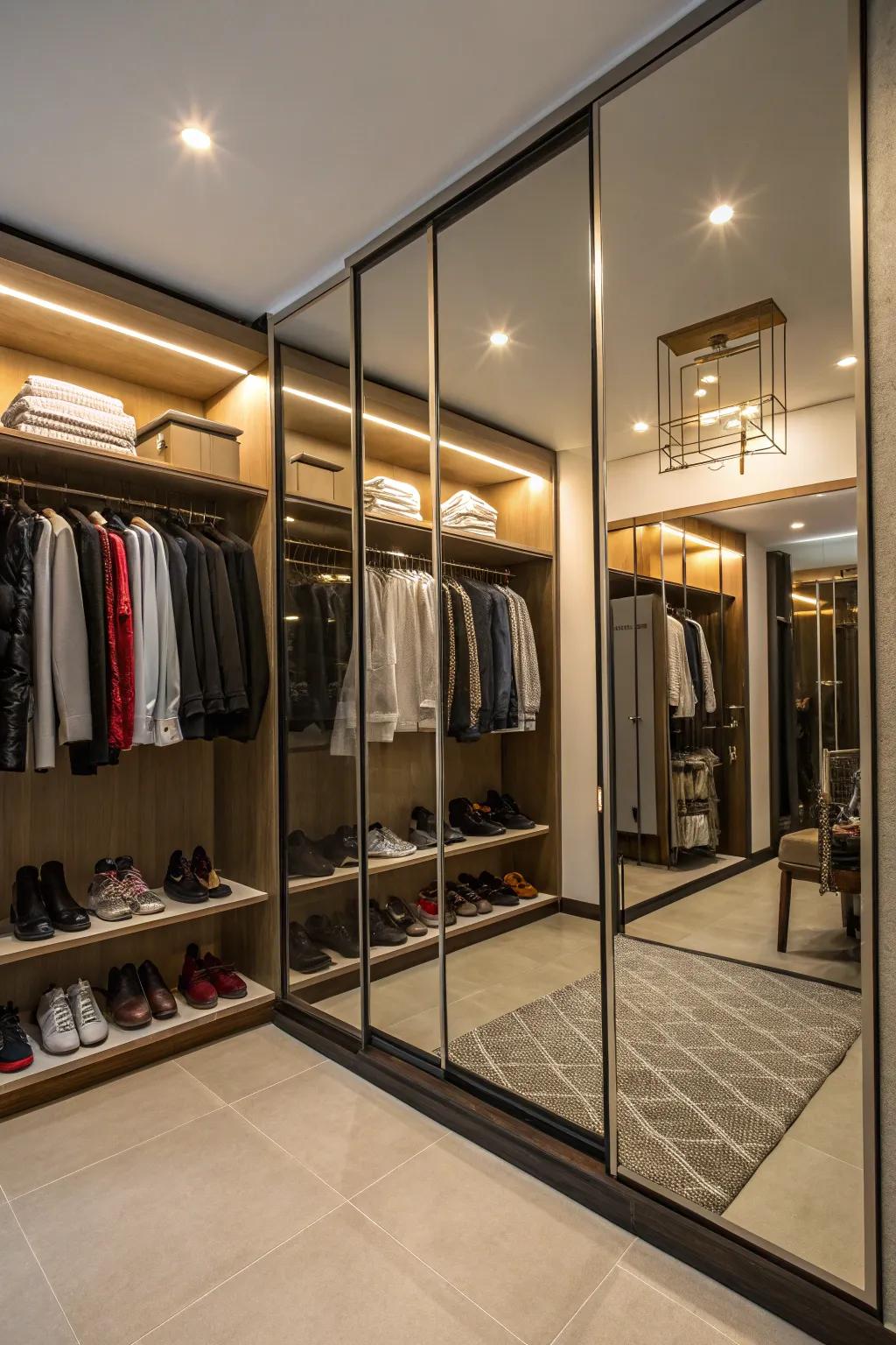 Mirrors expand and brighten the wardrobe room space.