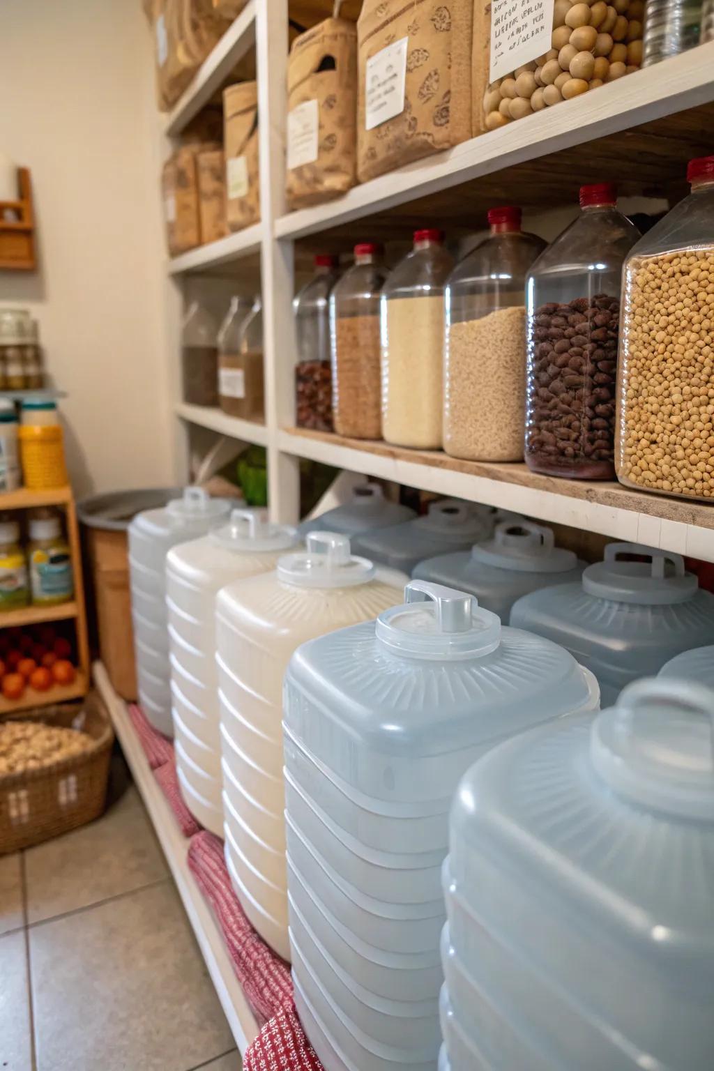 Practical storage solutions using water jugs.