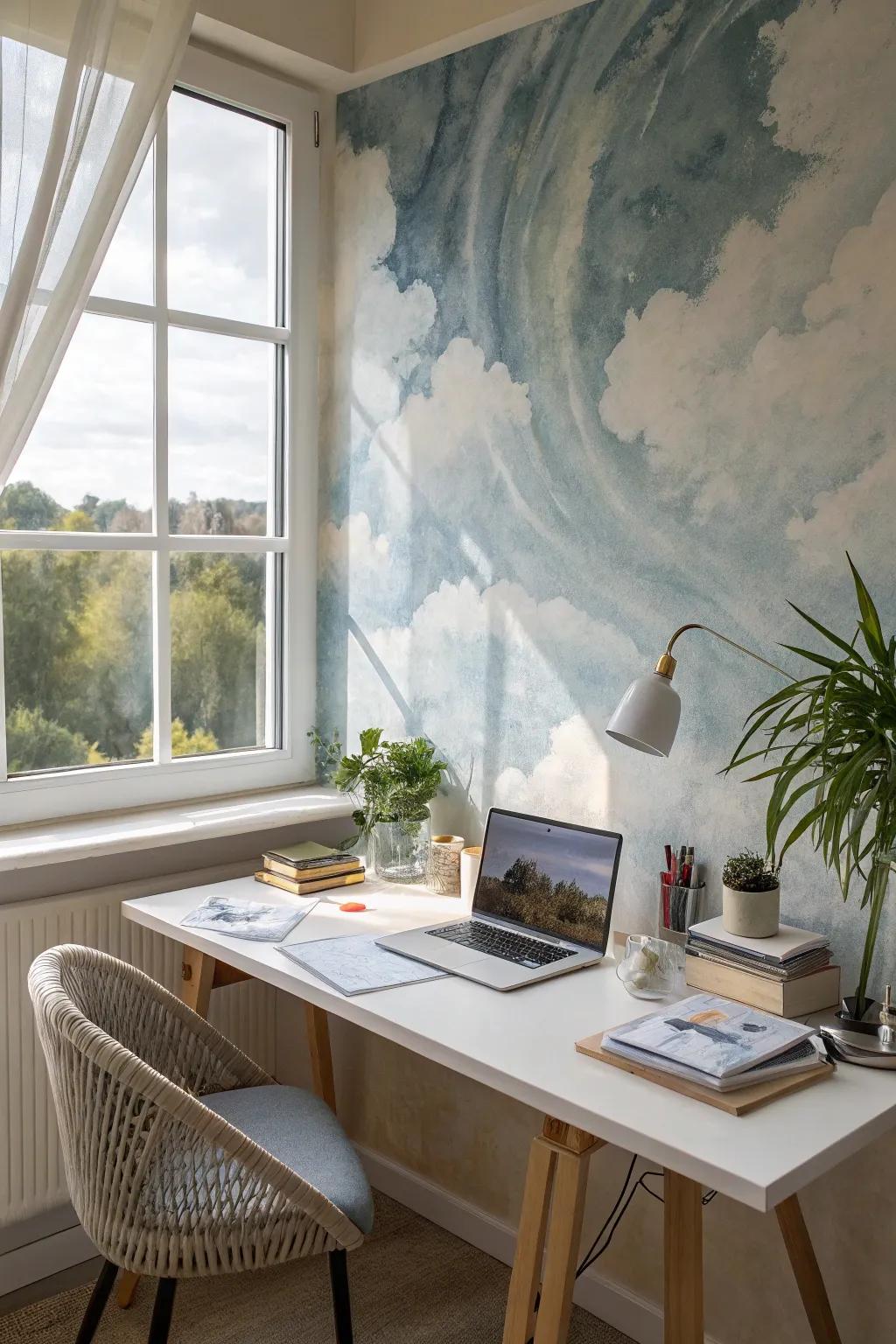 Serene blot watercolor background enhances a calm home office space.