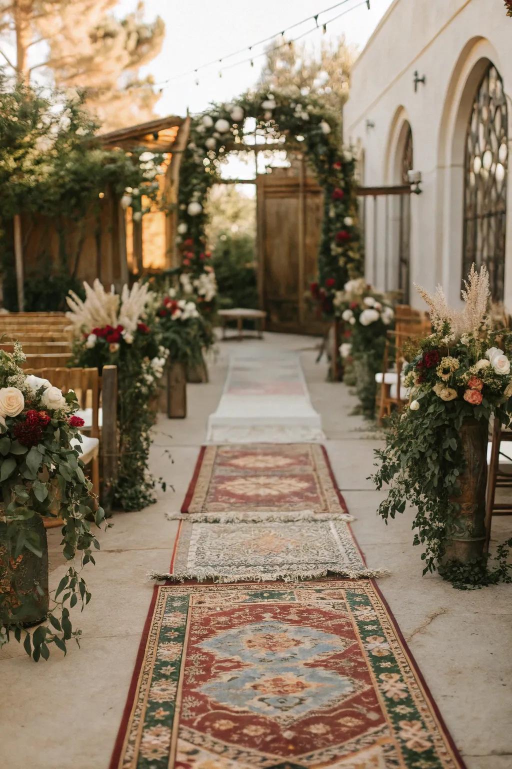 A unique wedding aisle with vintage rugs.