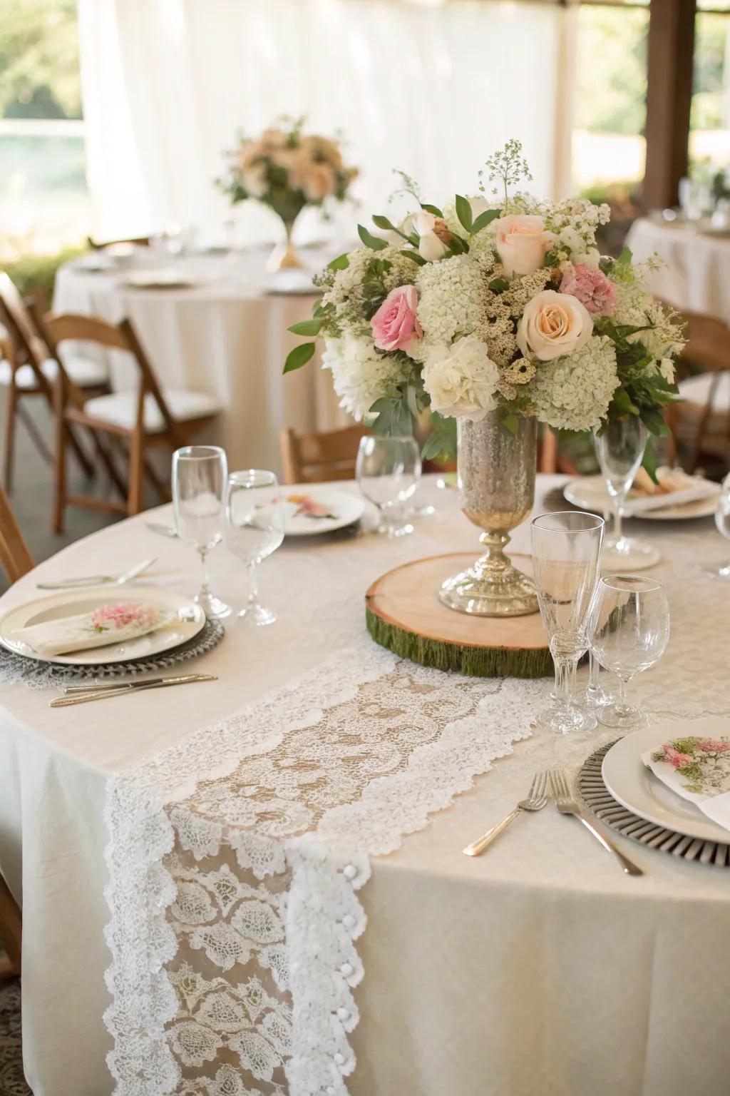 Lace runners add a touch of vintage romance to any wedding decor.