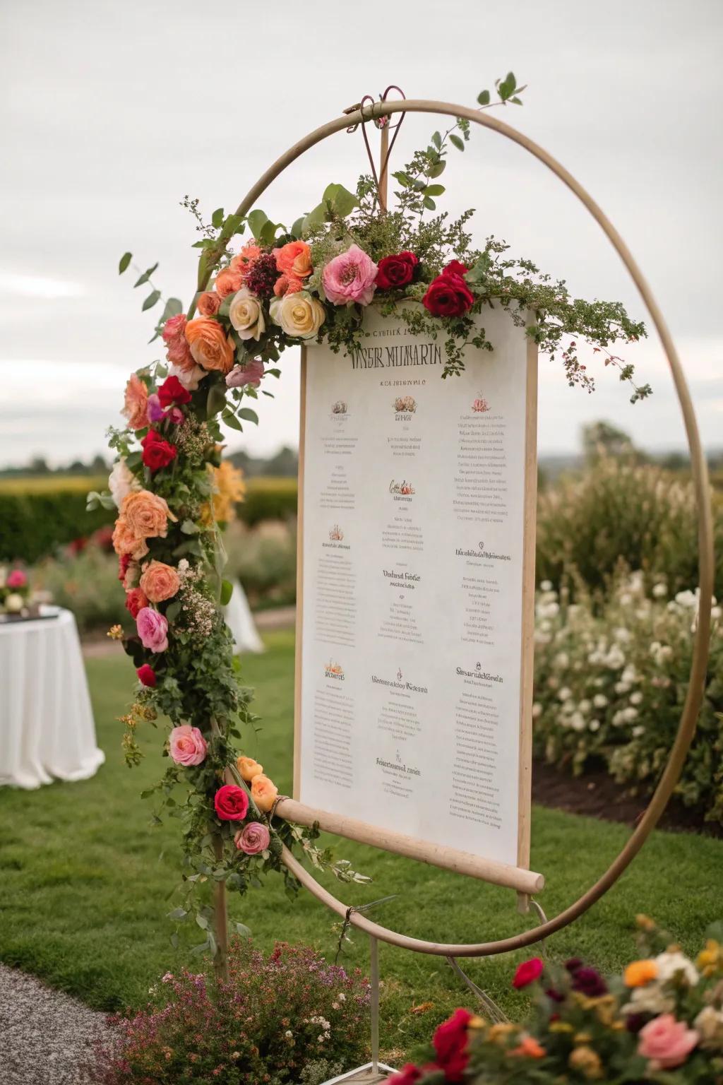 A whimsical floral hoop seating chart, adding a splash of color and romance to a garden wedding.