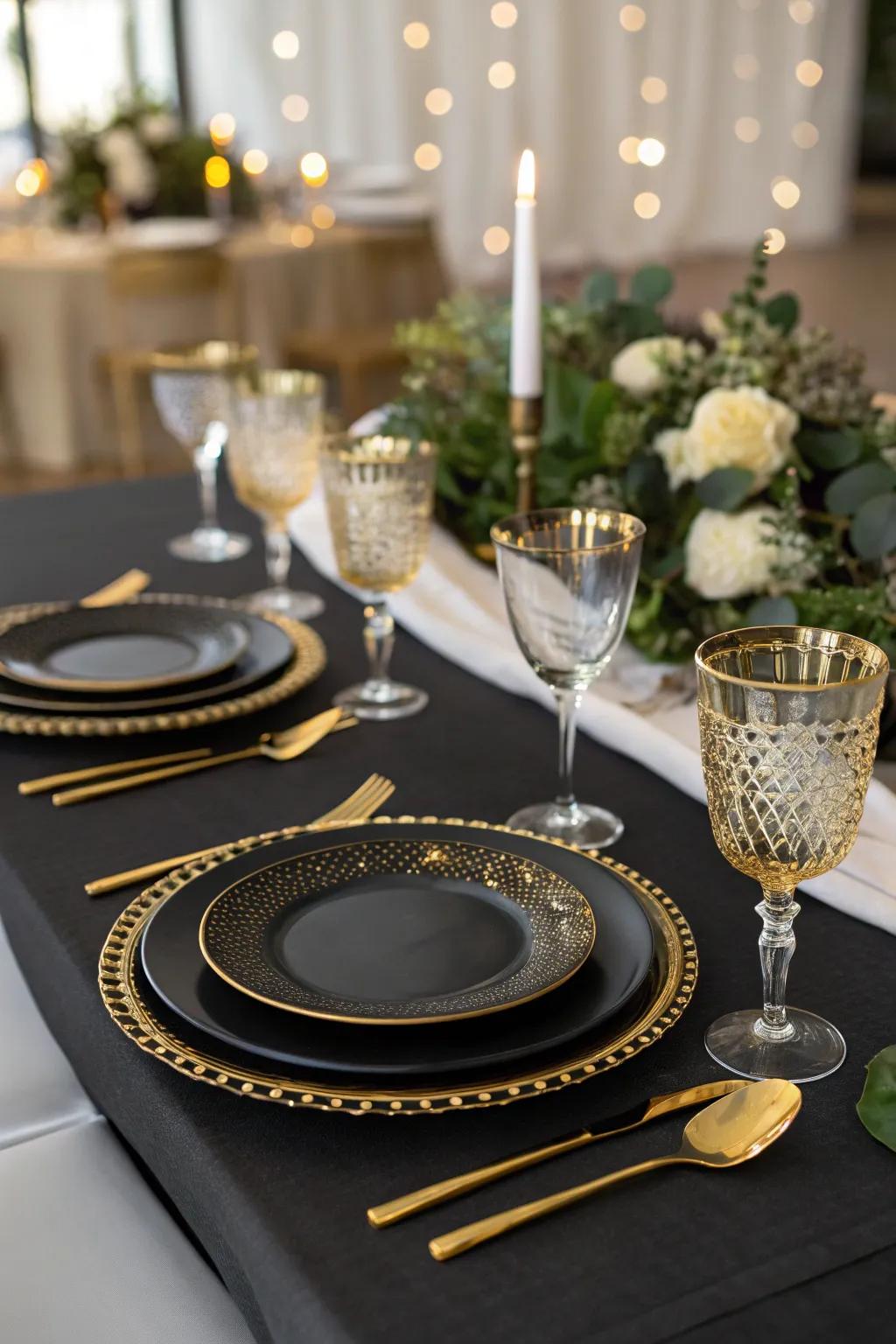 A glamorous black and gold wedding table setting exuding sophistication.