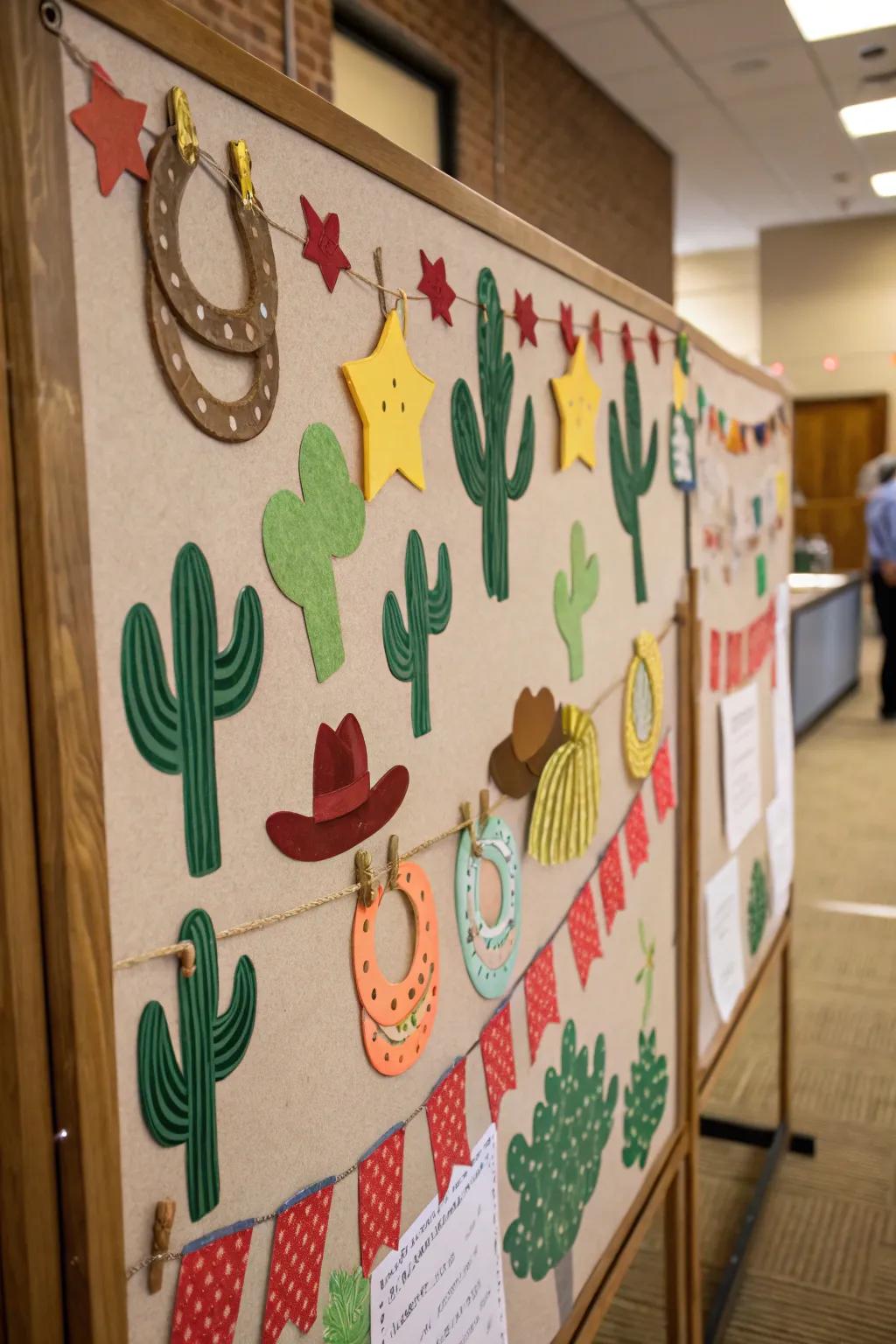 Cactus cutouts add desert flair to the bulletin board.